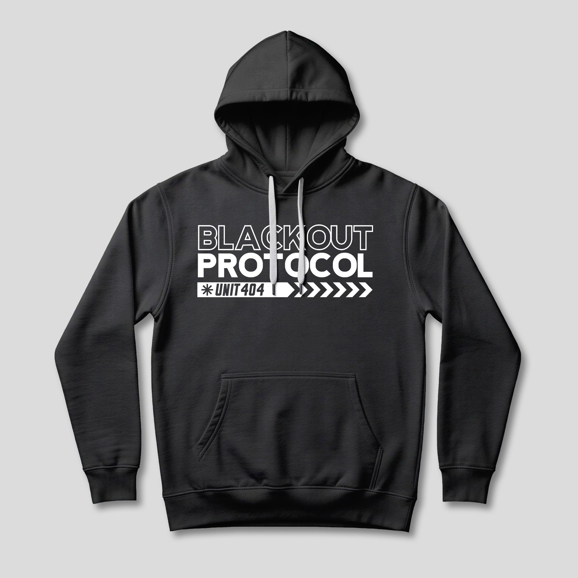 Front of a black hoodie with white Blackout Protocol lettering, a UNIT 404 chest stamp and a row of arrows, close-up