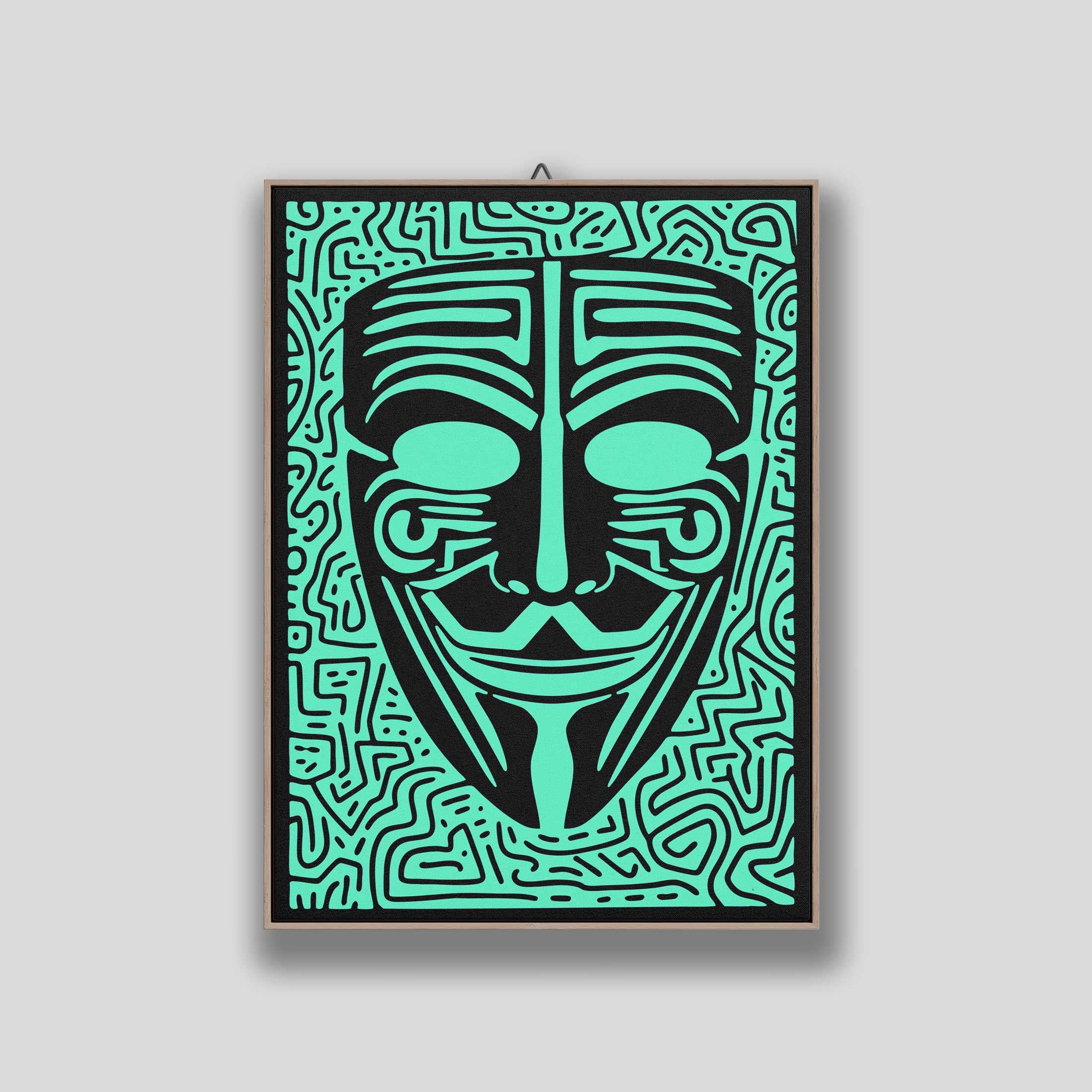 Framed Colors of Resistance poster showing a Guy Fawkes mask in invert mint and black, surrounded by dense winding linework