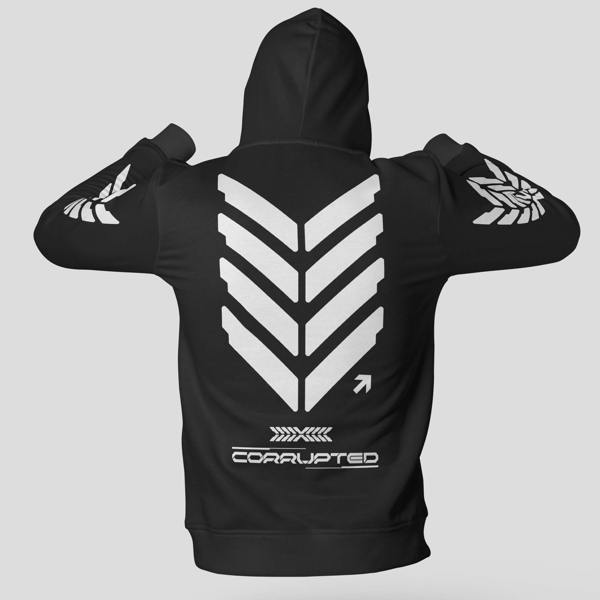 Back of a black hoodie with large white stacked chevrons, Corrupted lettering and matching sleeve graphics