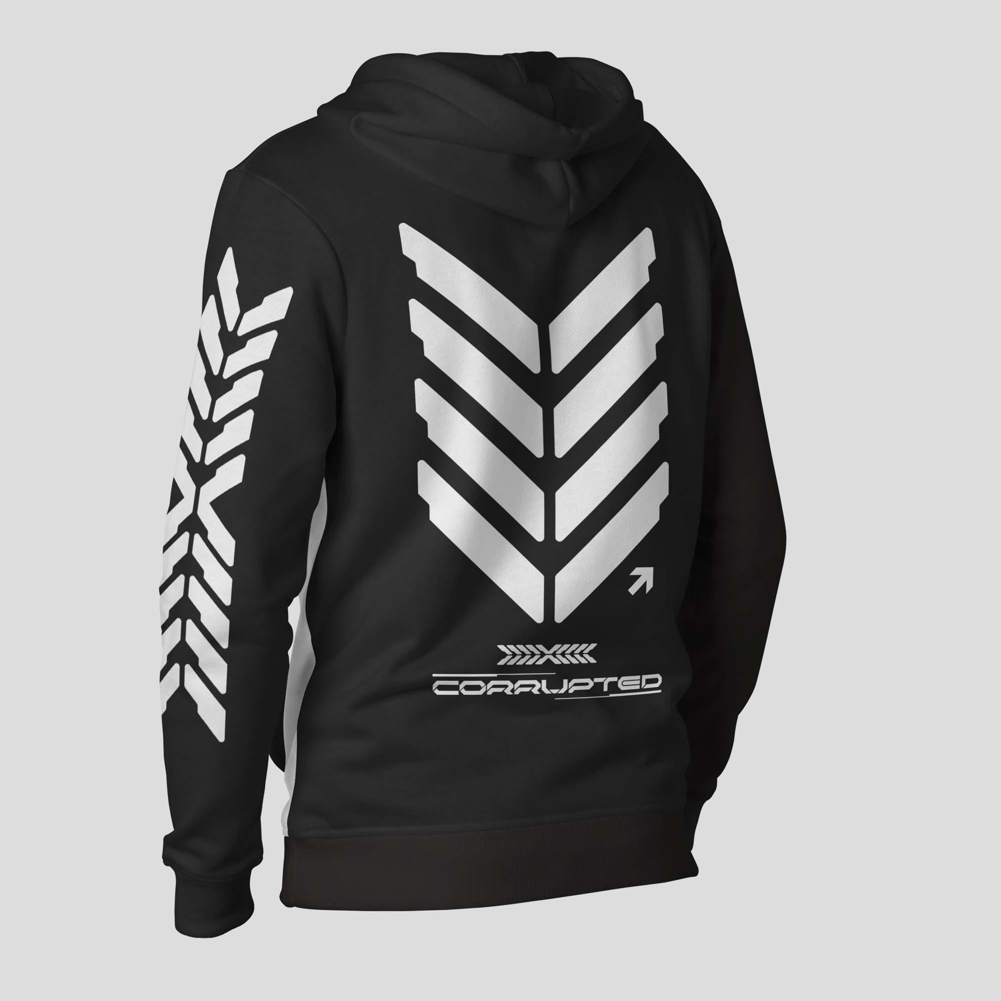 Angled rear view of a black hoodie showing the white Corrupted back graphic and chevrons down the sleeve