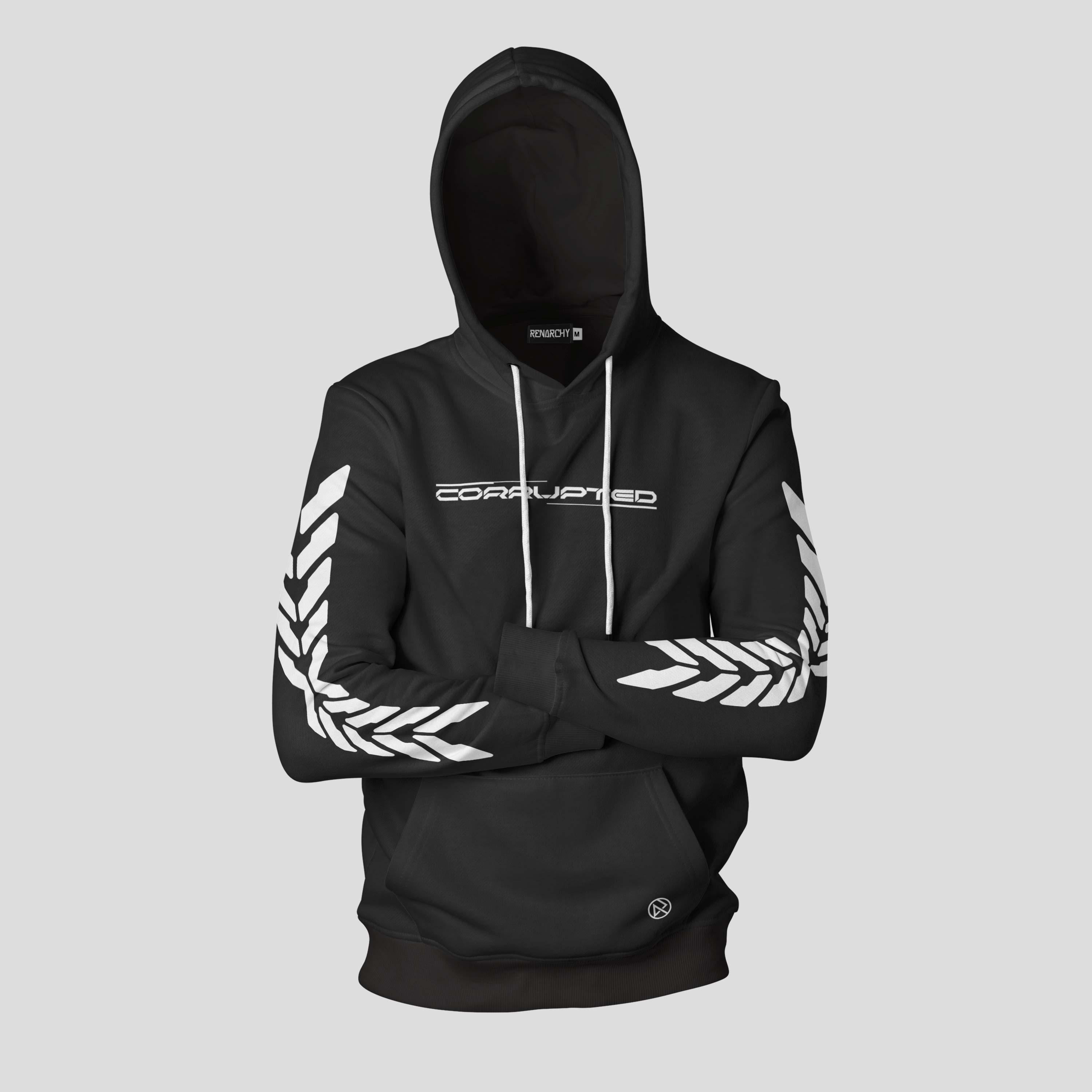 Front of a black hoodie with white Corrupted lettering across the chest and chevrons along both sleeves