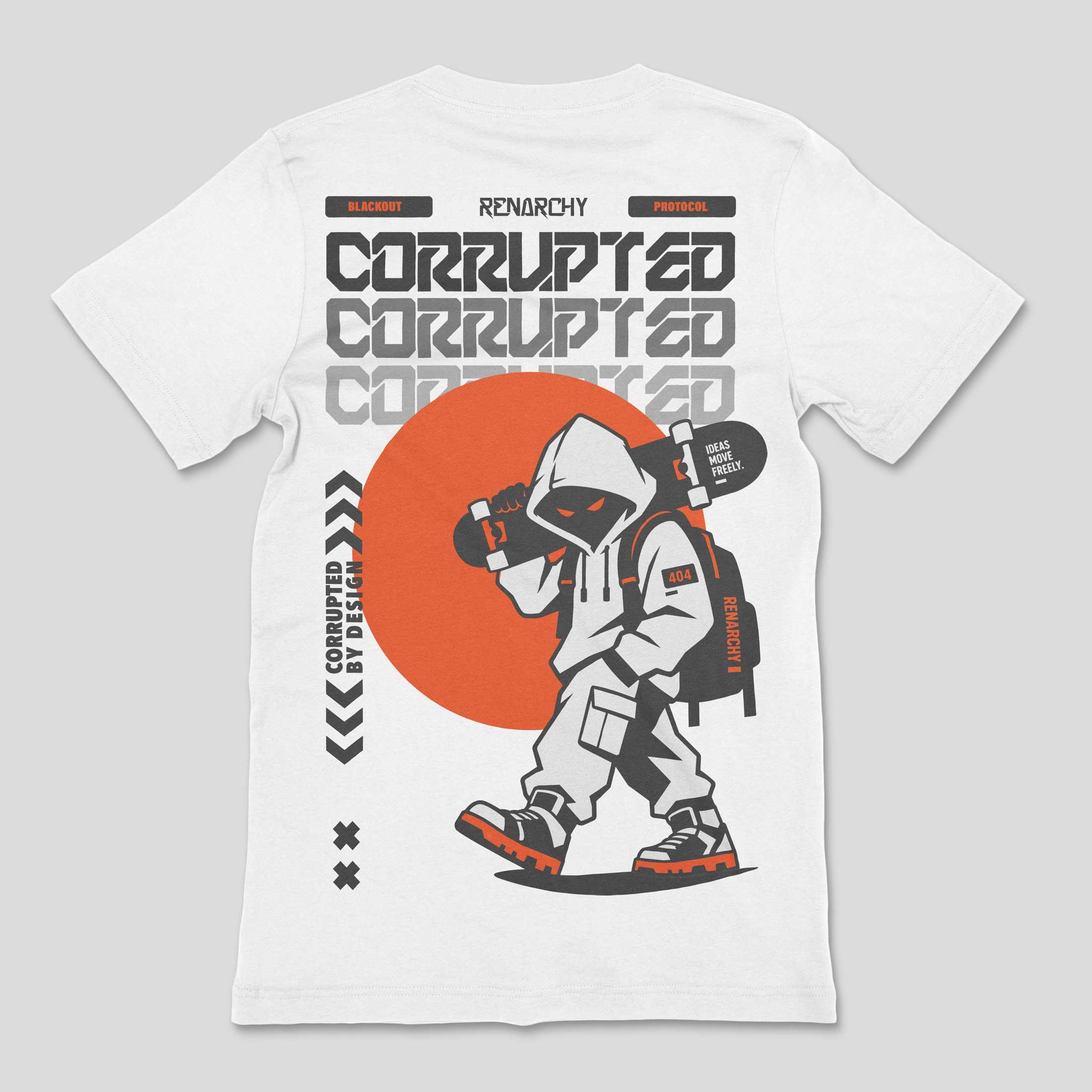 Back of a white T-shirt with a black, orange and white hooded skateboarder illustration and repeated CORRUPTED lettering