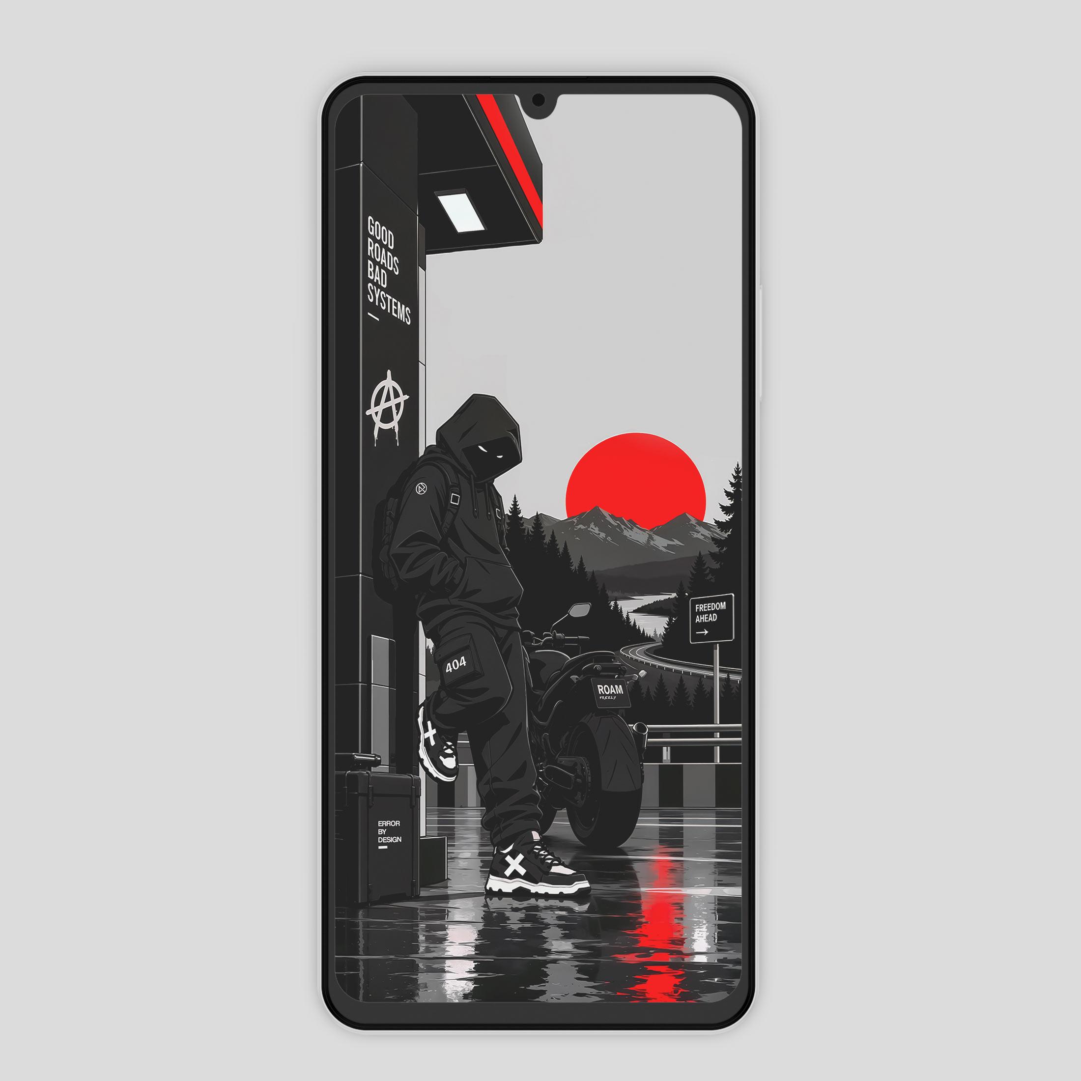 A hooded rider beside a motorcycle at a roadside stop, with a mountain road and red sun beyond displayed as a clean phone wallpaper preview