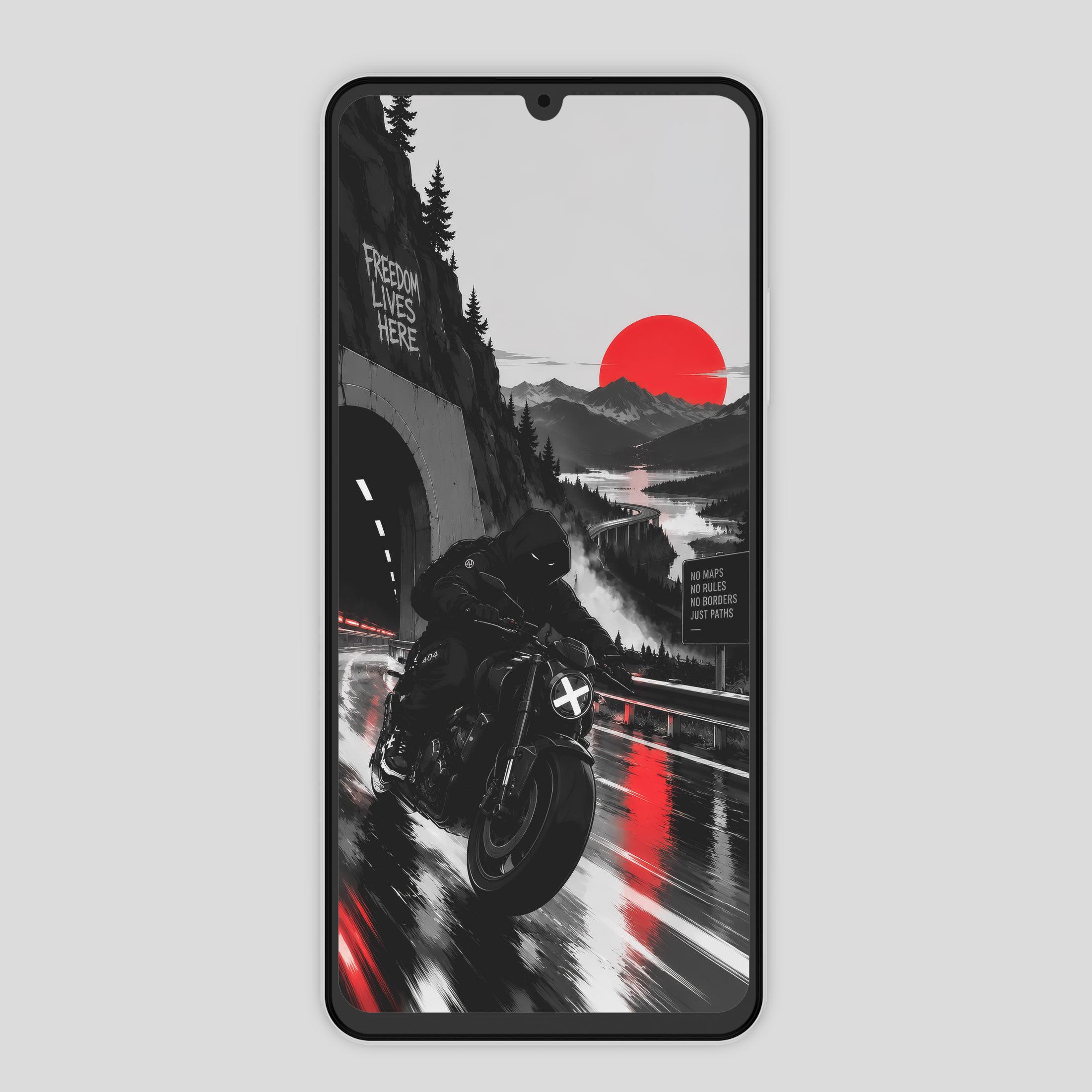 A hooded motorcyclist riding out of a tunnel above a mountain lake beneath a red sun displayed as a clean phone wallpaper preview