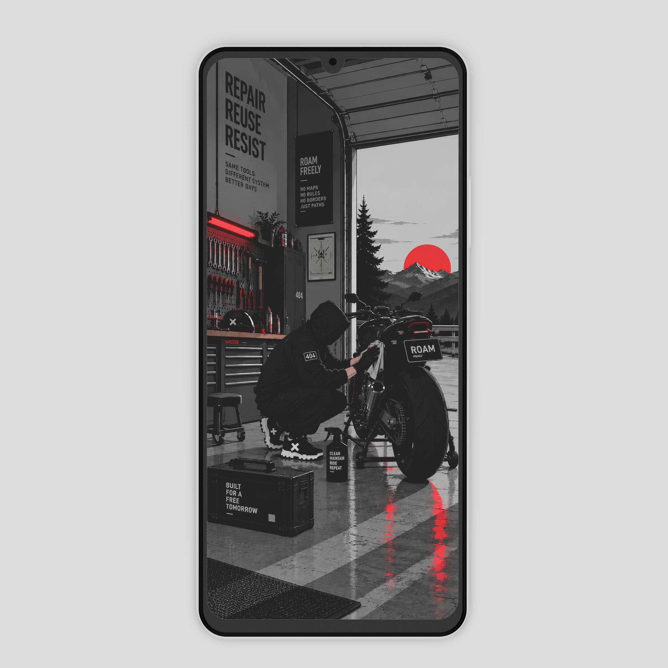 A hooded figure maintaining a motorcycle in a workshop overlooking mountains and a red sun displayed as a clean phone wallpaper preview