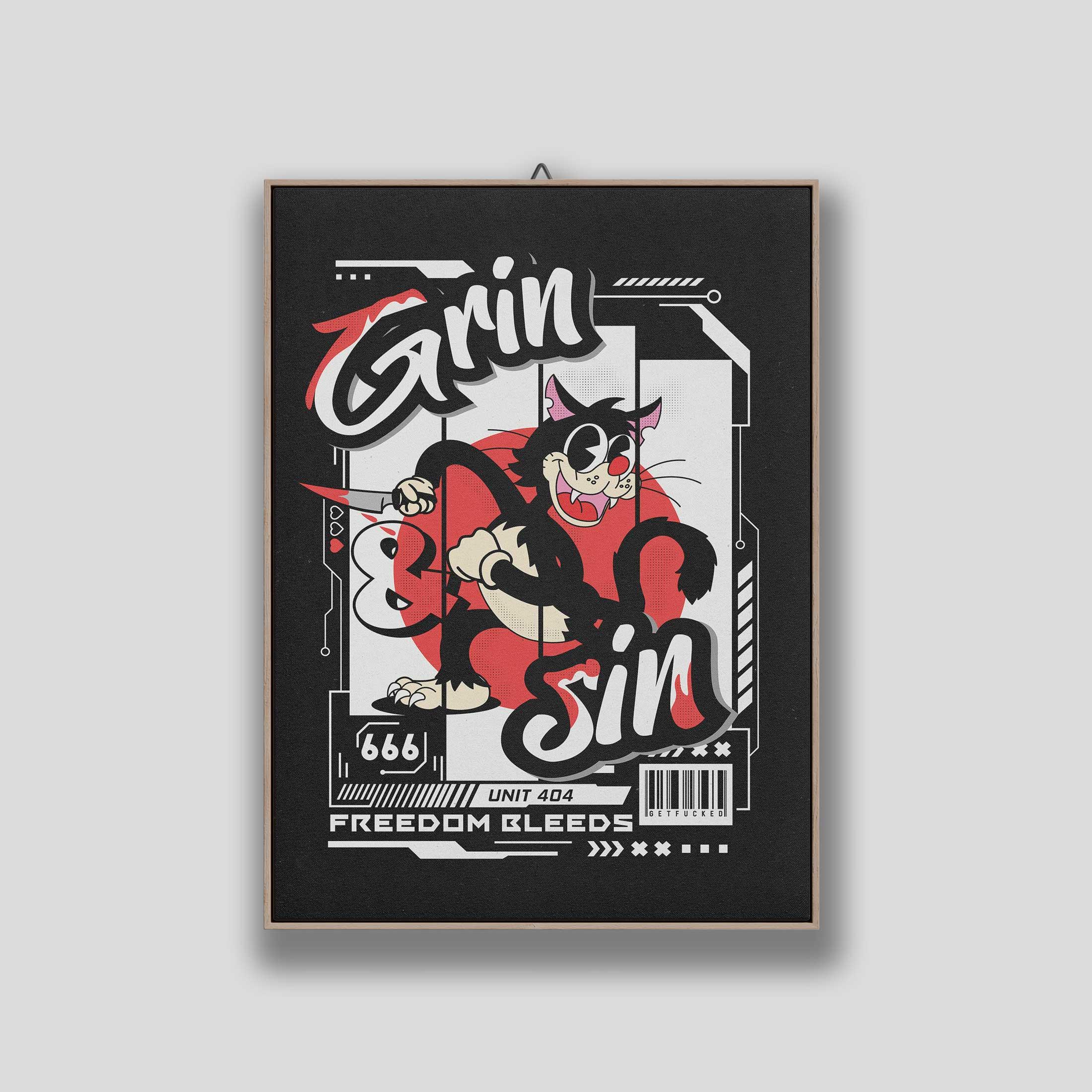 Framed Grin & Sin poster with a grinning cartoon cat, red accents and white lettering on black, against a light grey background