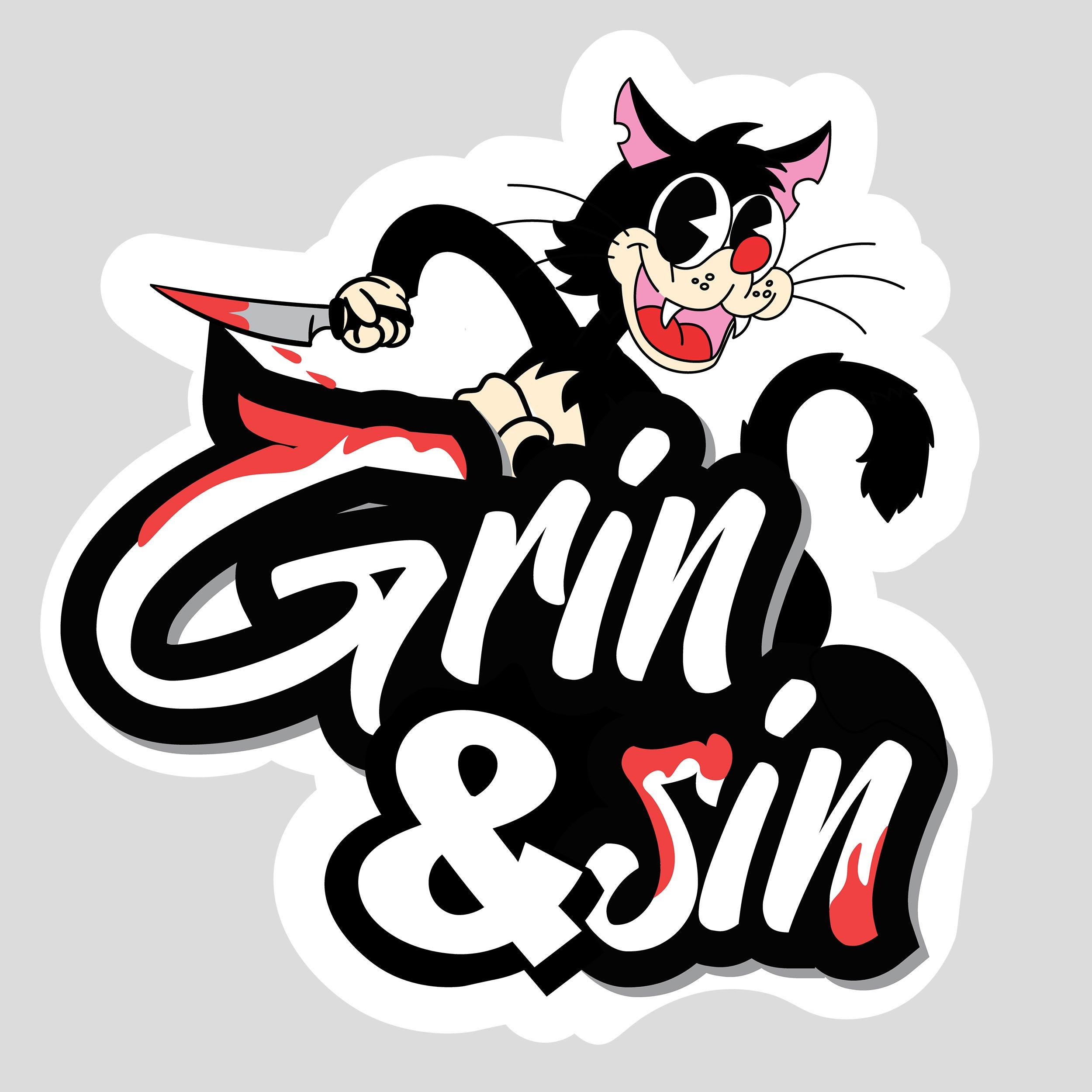 Grin & Sin die-cut sticker with a white border, showing a smiling black cartoon cat holding a red knife above flowing black and white lettering