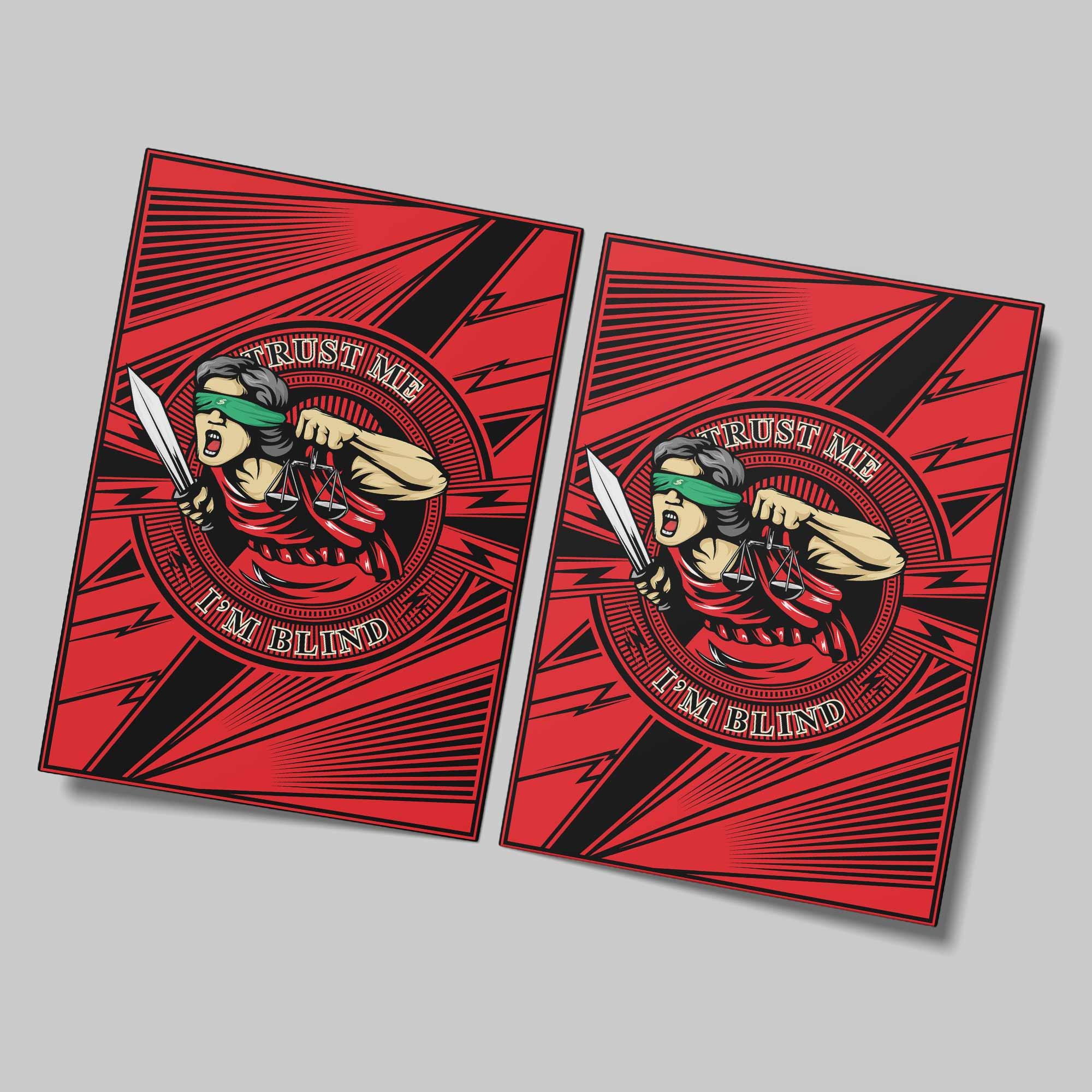 Two loose Money Corrupts paper prints with red-and-black geometric lines surrounding a blindfolded figure holding a sword and scales