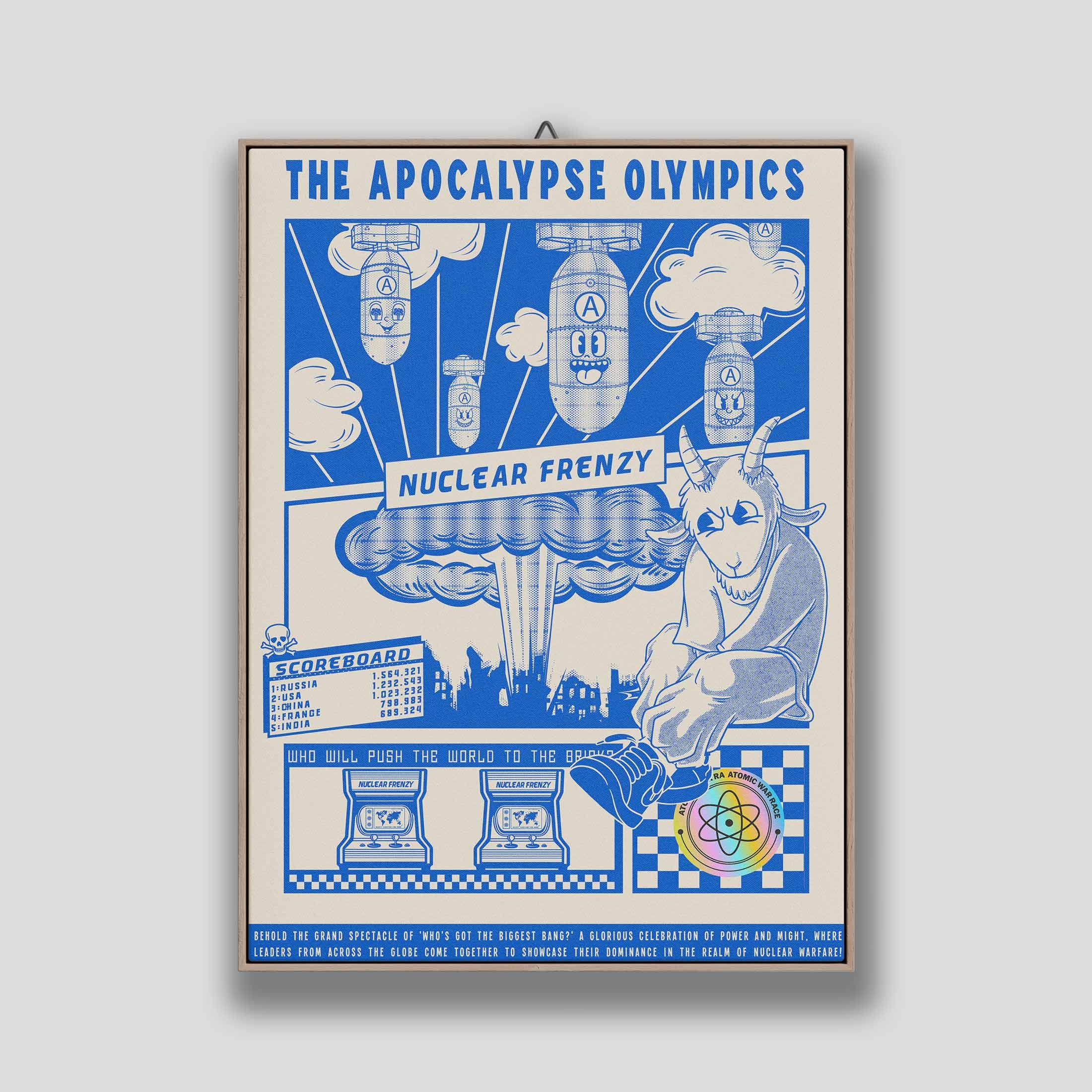 Nuclear Frenzy artwork on textured canvas in a wooden frame, with blue cartoon bombs, a mushroom cloud, a horned figure and The Apocalypse Olympics title on a cream background