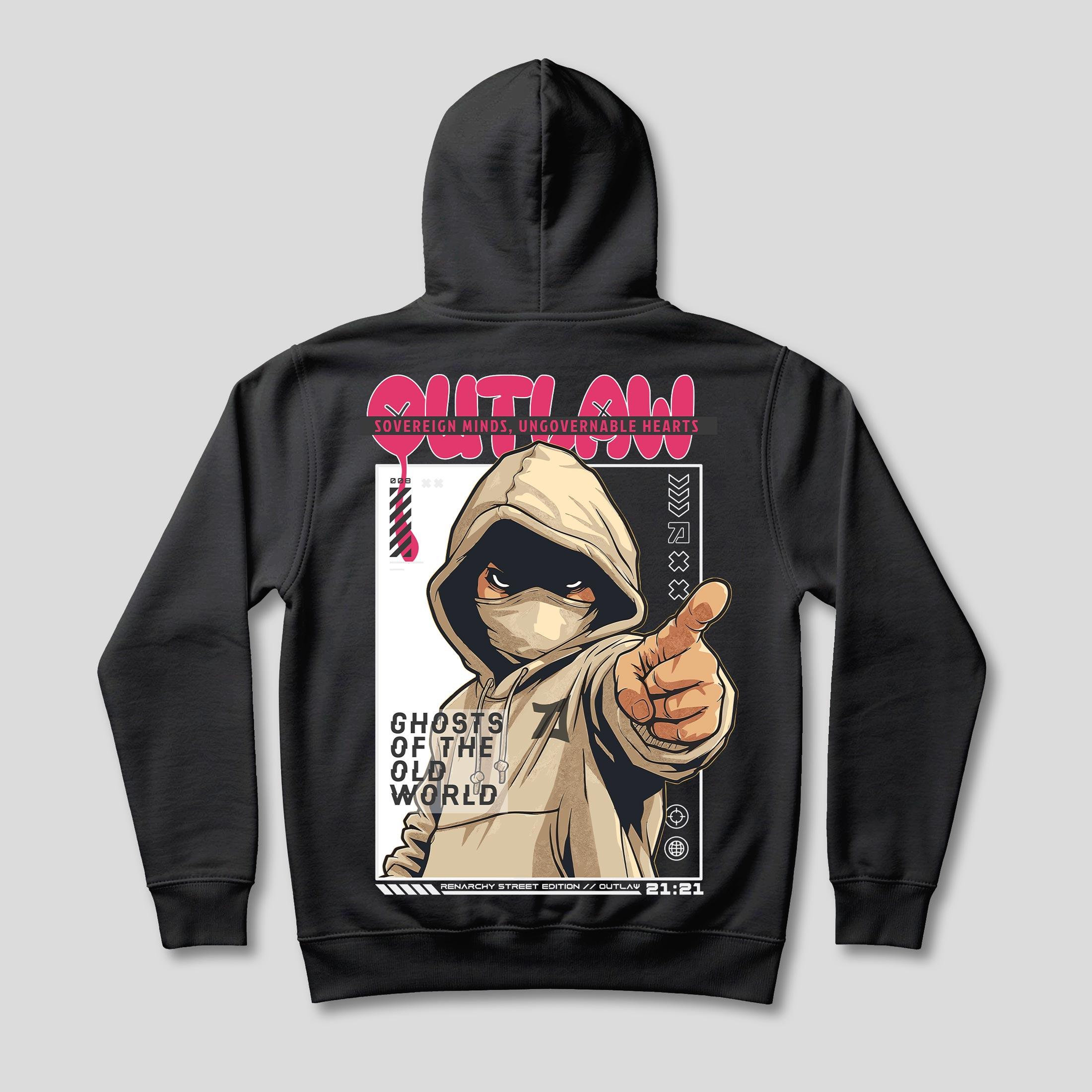 Back of a black hoodie with a sand-coloured masked figure pointing outward, pink Outlaw lettering and the words Ghosts of the old world
