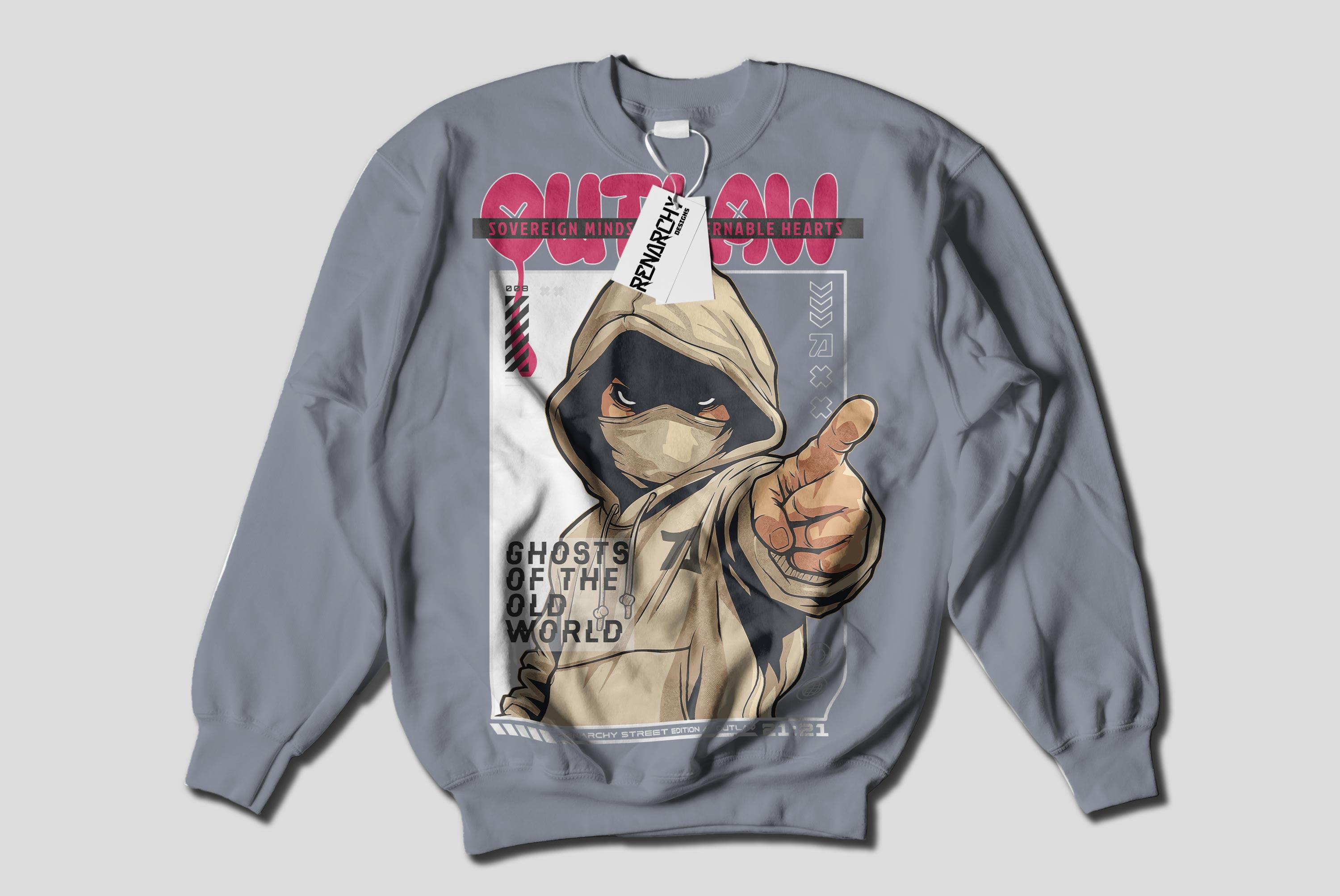 Grey sweater with the Outlaw masked figure pointing outward beneath pink lettering and above Ghosts of the old world text