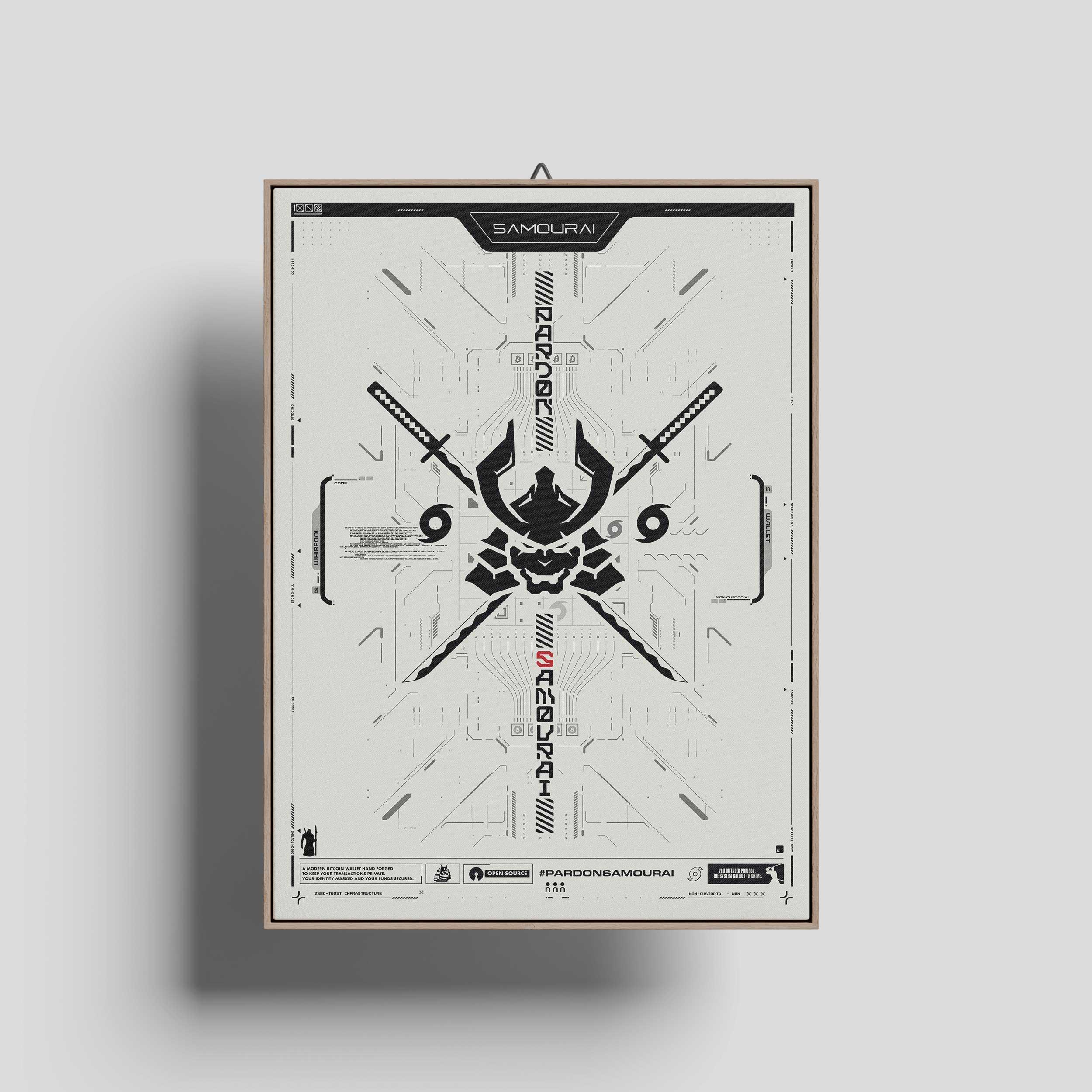 A framed Pardon Samourai poster in its original clean finish, with a central samurai helmet, crossed swords and schematic details on a light background
