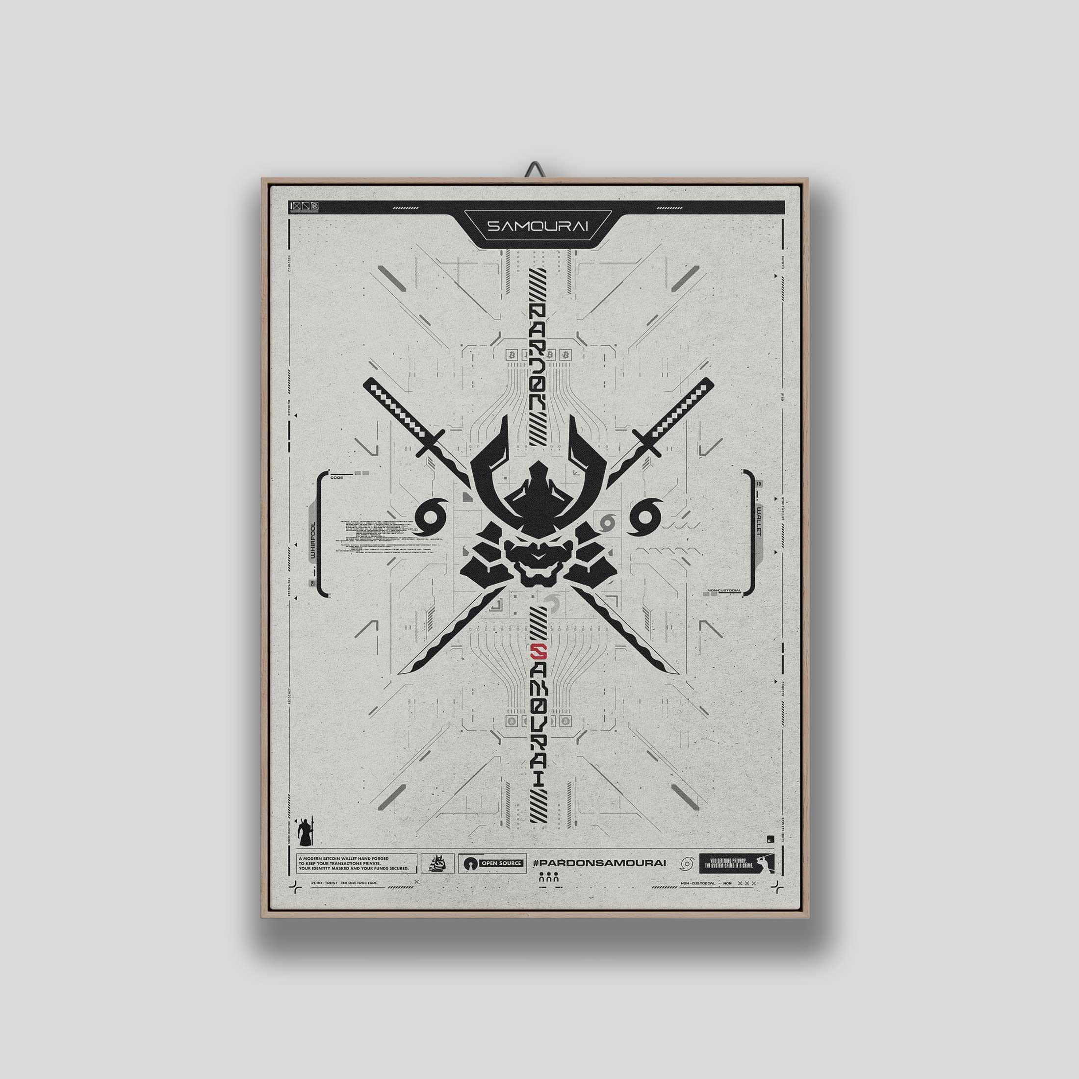 A framed Pardon Samourai poster with a distressed light background, a black samurai helmet and crossed swords, technical lines and code-like typography