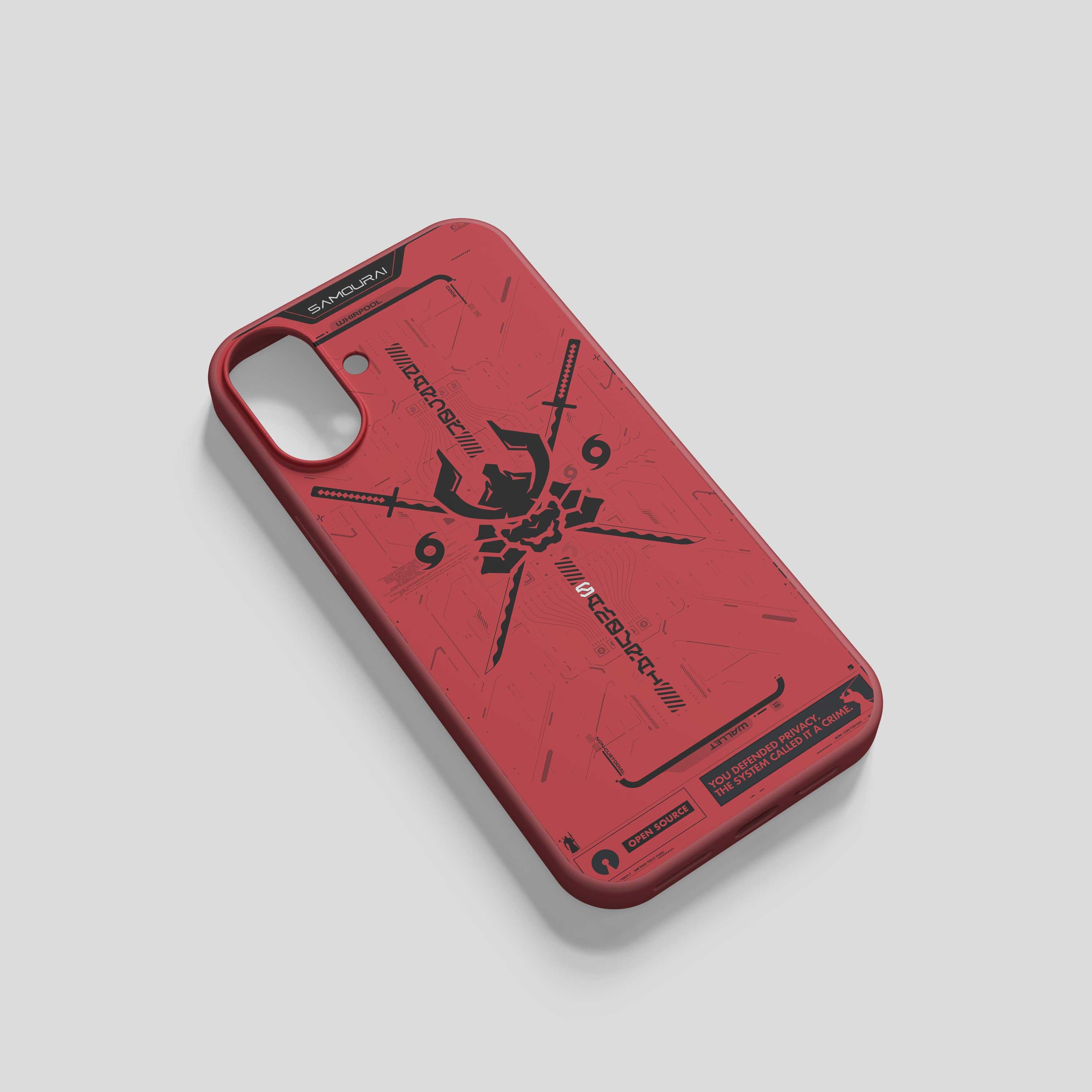 A red phone case with the Pardon Samourai helmet, crossed swords and black schematic artwork