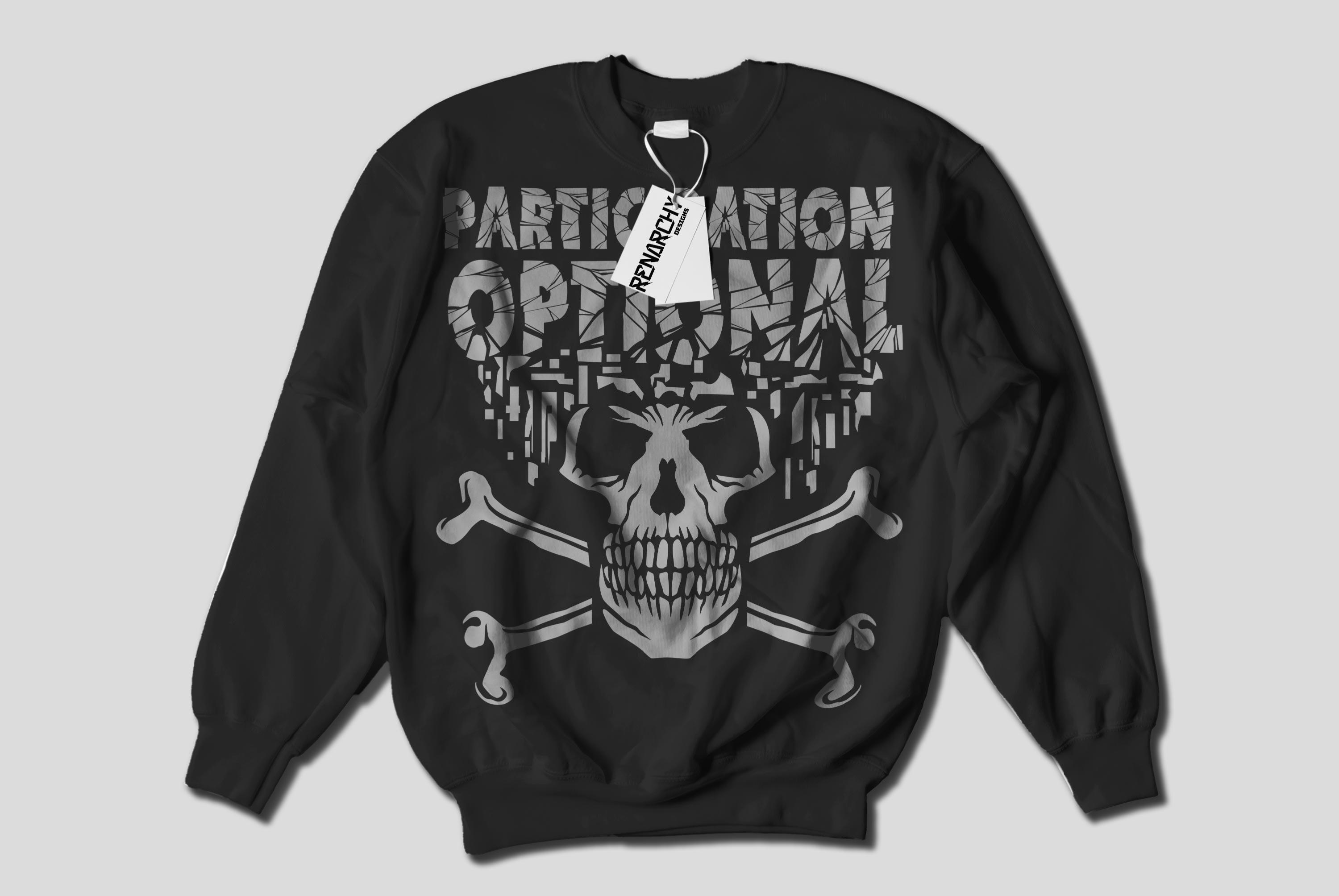 Black sweater with an oversized grey Participation Optional graphic combining fractured lettering, a skull and crossed bones