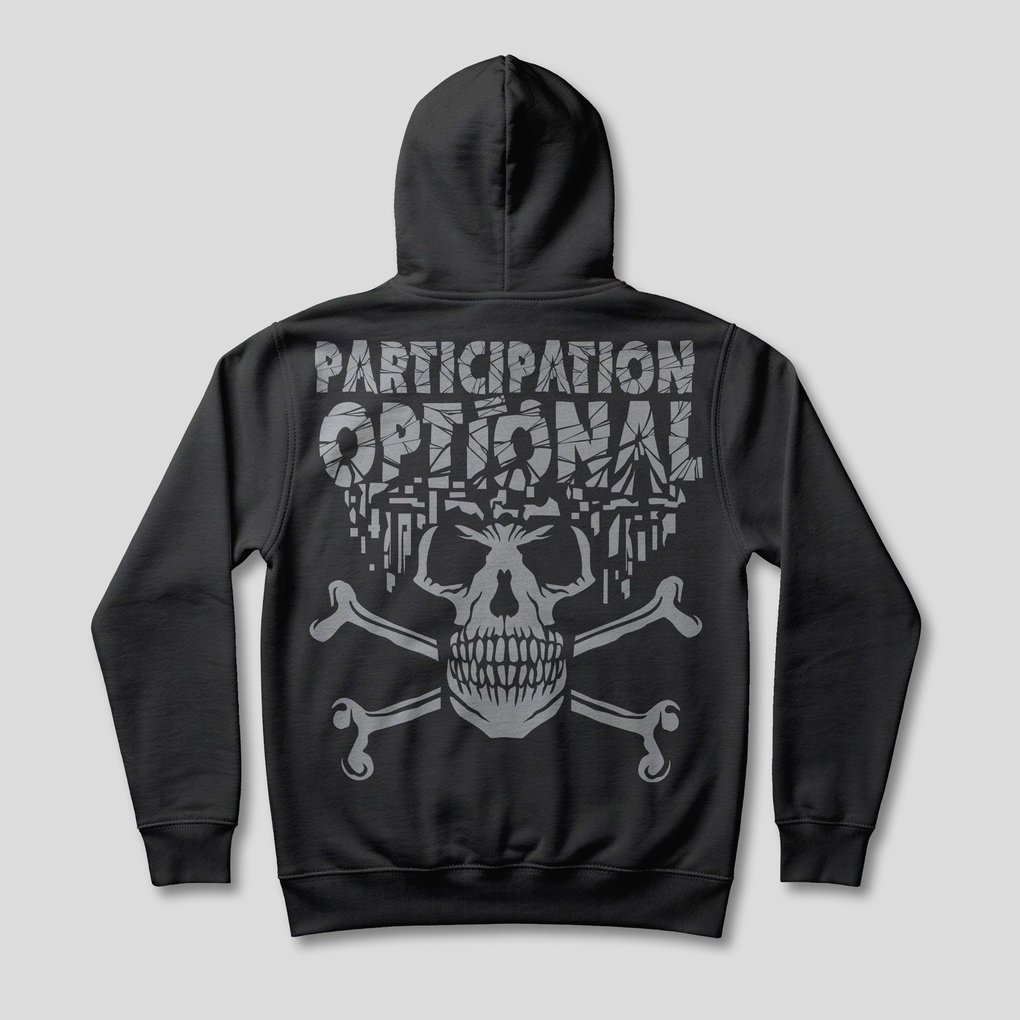 Back of a black hoodie with grey Participation Optional lettering, a skull, crossed bones and fragmented graphic marks