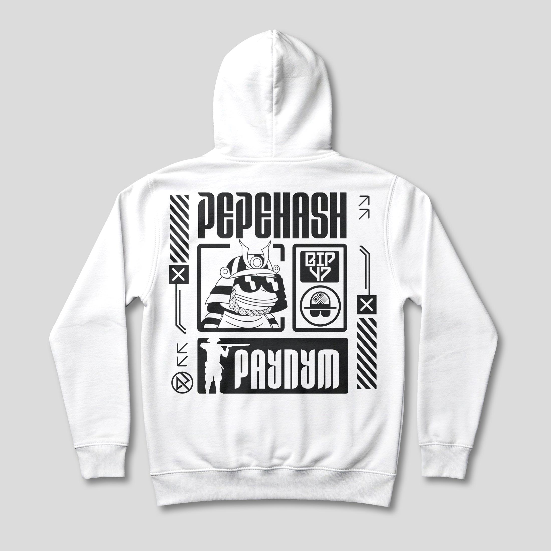 Back of a white hoodie with black PepeHash artwork: a large samurai Pepe, bold PepeHash and PayNym lettering, BIP47 marks and striped graphic borders