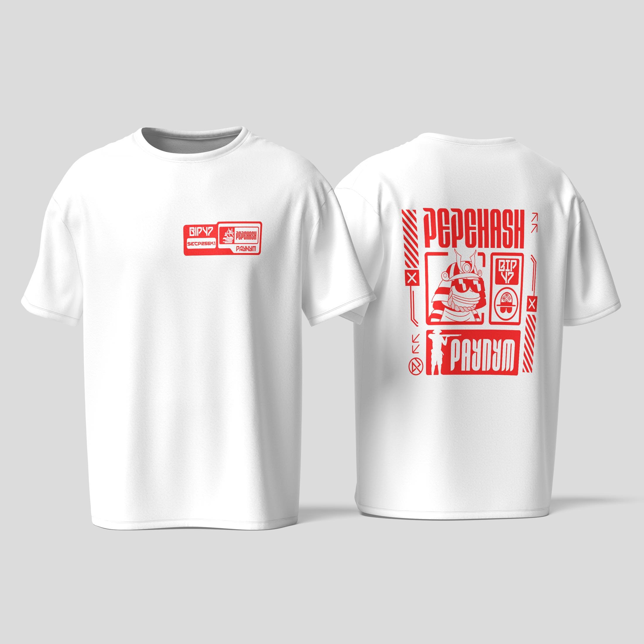 Front and back of white T-shirts with deep red PepeHash artwork: a small chest graphic and a large samurai Pepe with bold PayNym lettering on the back