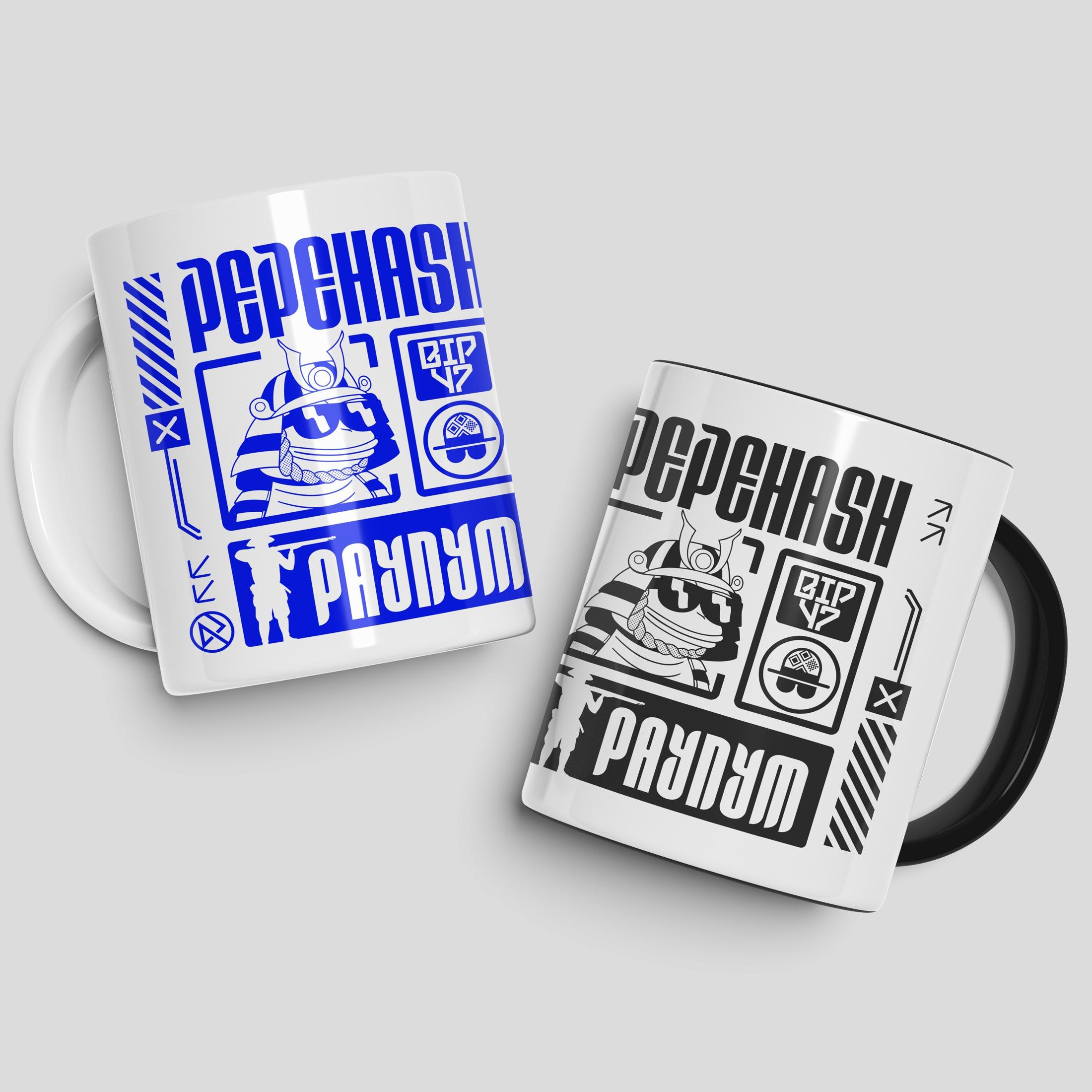 Two white mugs with blue and black PepeHash artwork, a samurai Pepe, bold PayNym lettering and graphic borders