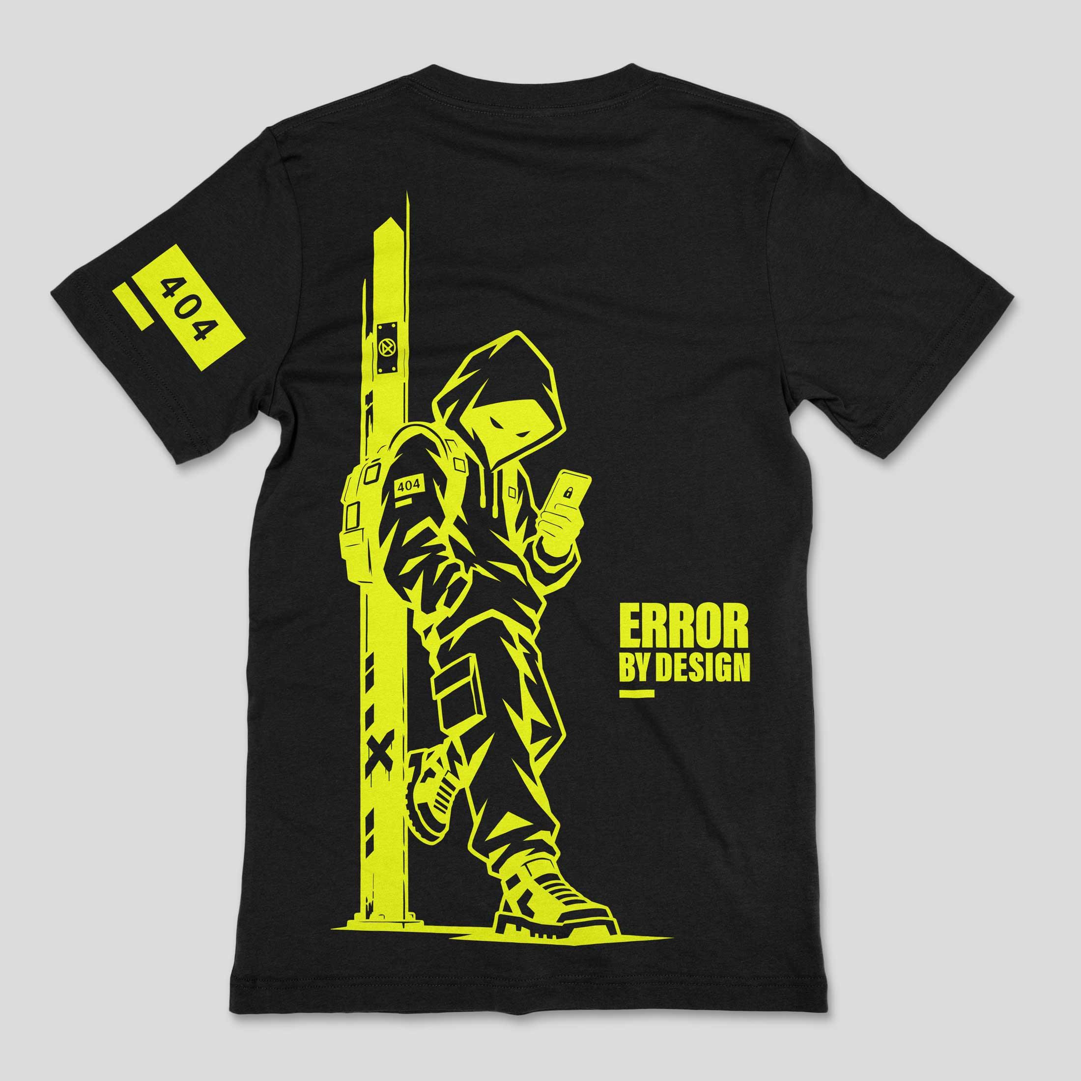 Back of a black T-shirt with a neon yellow hooded figure leaning against a post, Error by Design lettering and a 404 sleeve graphic