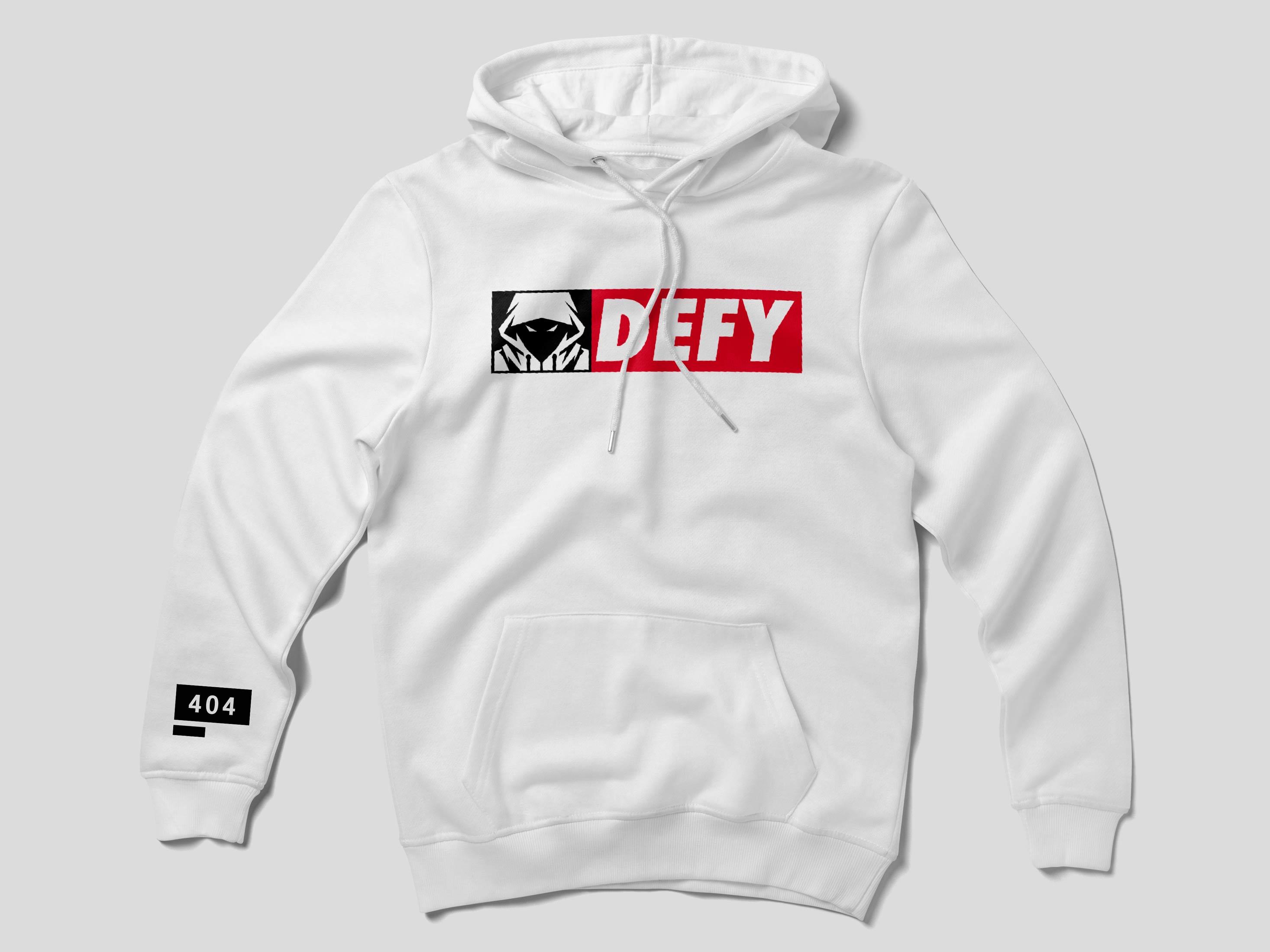 Front of a white hoodie with the red and black DEFY chest logo and a black 404 sleeve mark