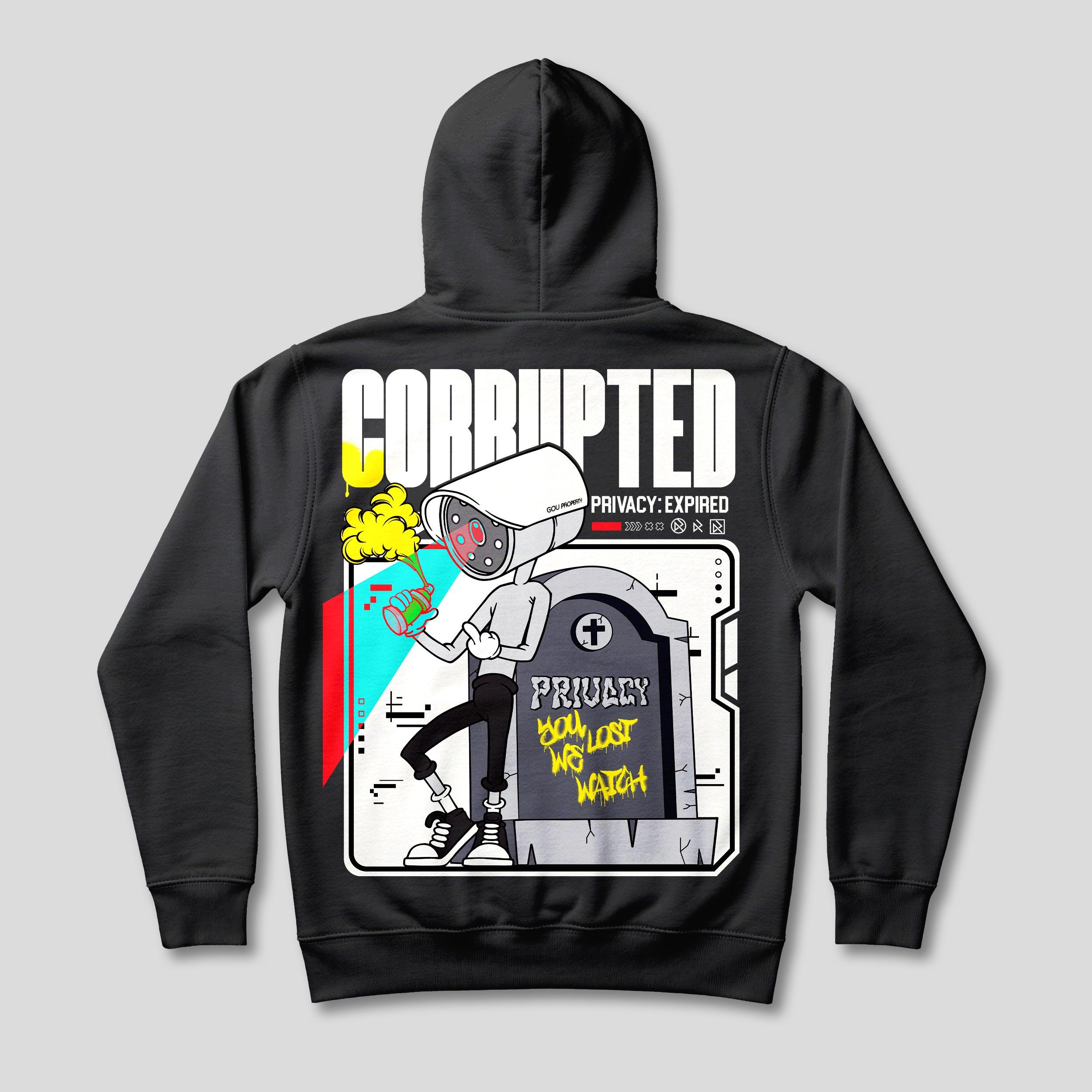 Back of a black hoodie with the RIP Privacy cartoon surveillance camera, a graffiti-covered gravestone, yellow spray paint, turquoise accents and bold white Corrupted lettering
