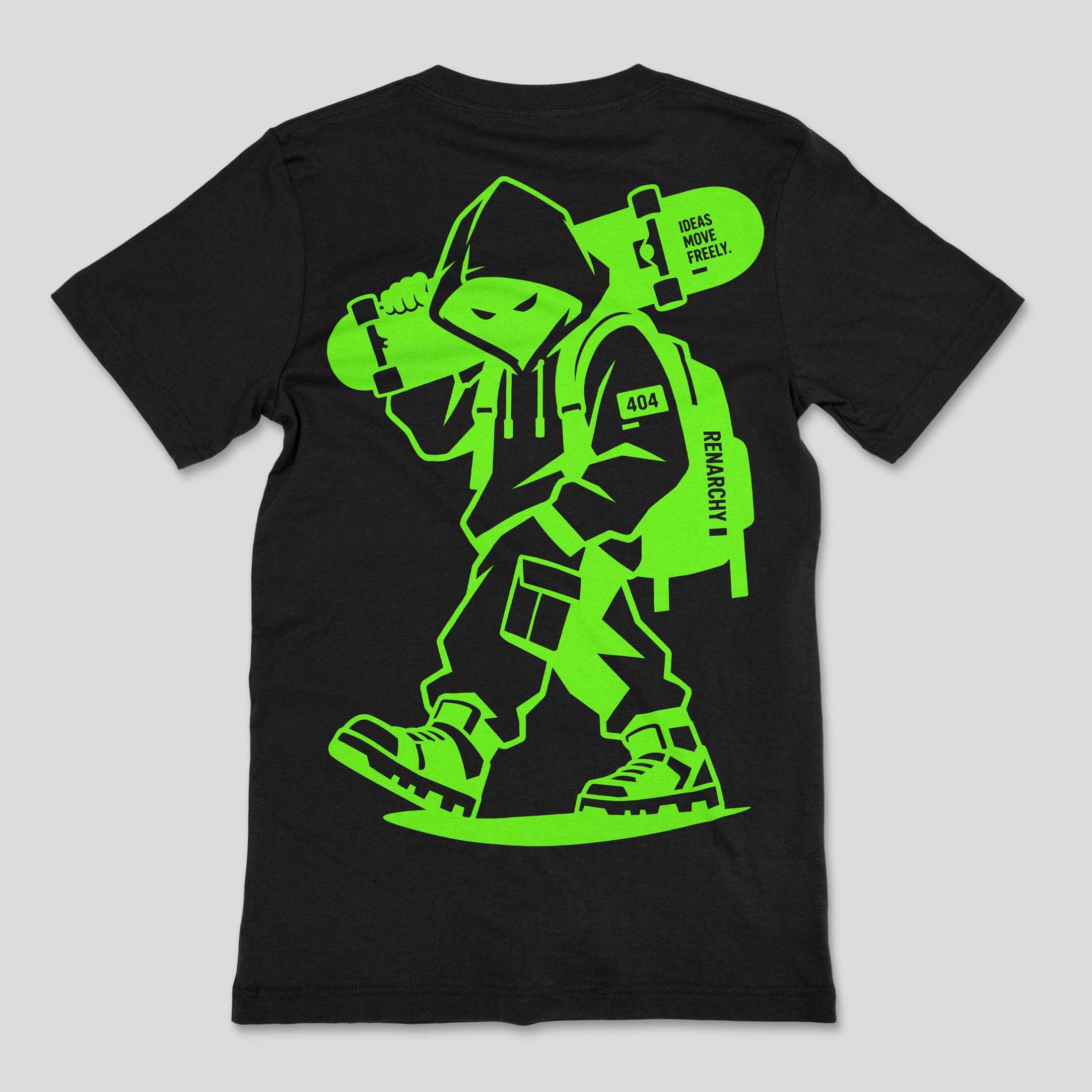 Back of a black T-shirt with a large neon green hooded skater illustration, Renarchy lettering and Ideas Move Freely on the skateboard