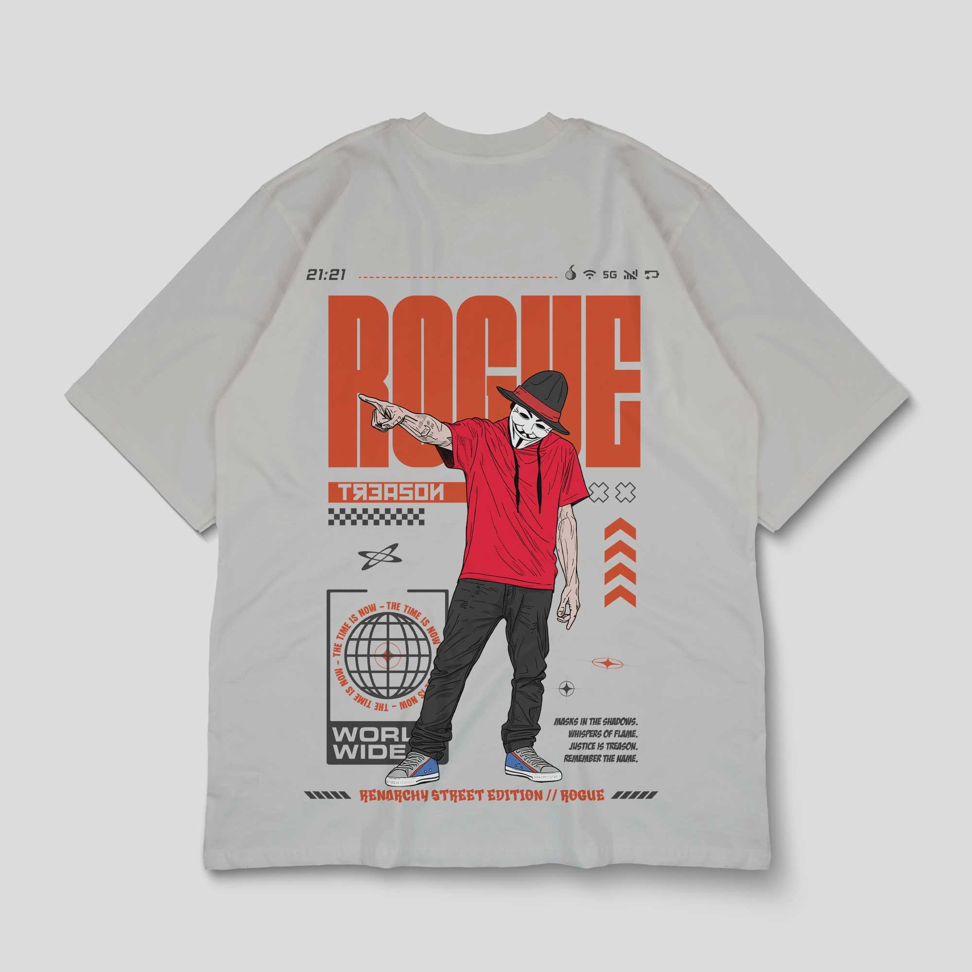 Back of a black T-shirt with the pointing masked Rogue figure, orange lettering and technical street graphics