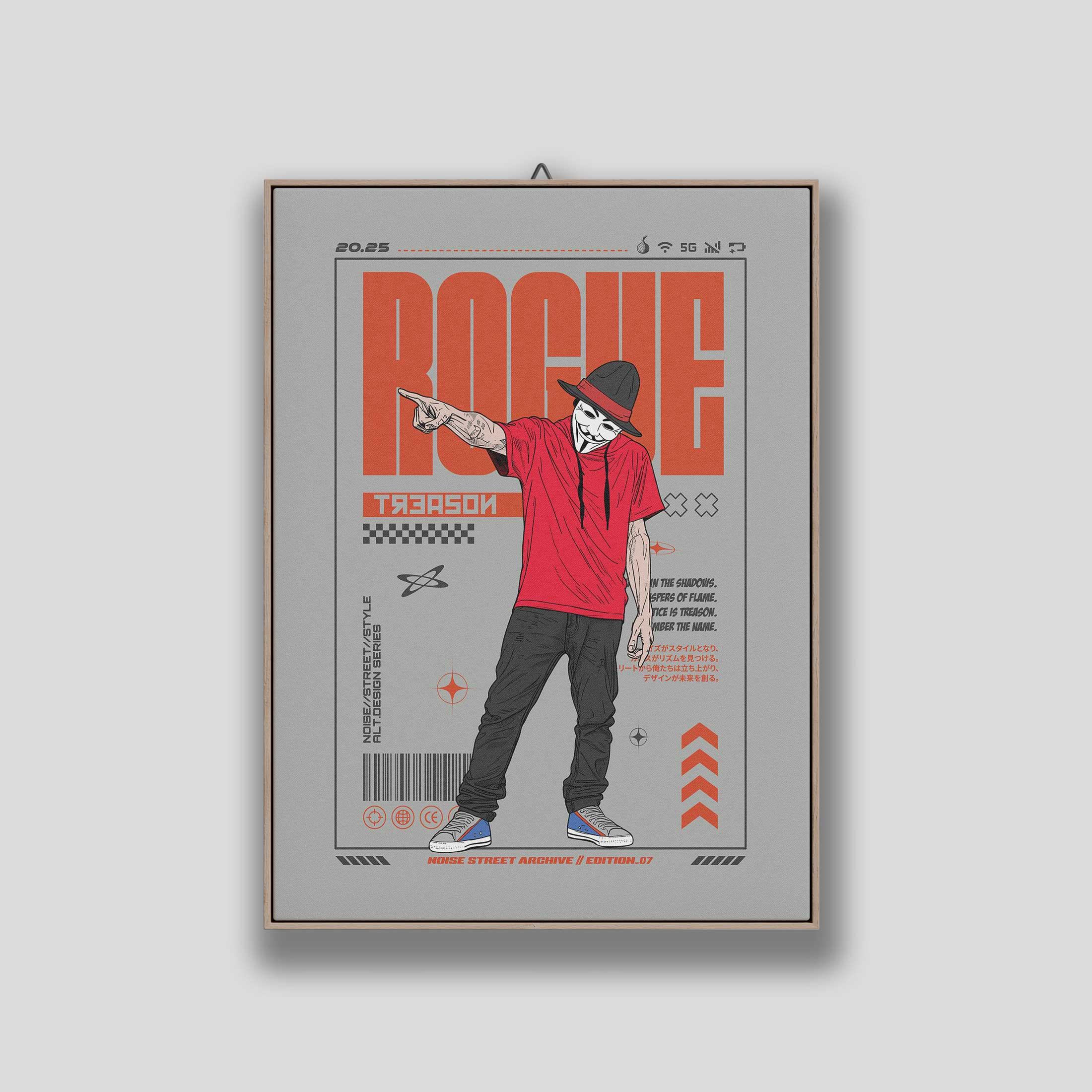 Framed Rogue poster with orange lettering and a pointing figure in a Guy Fawkes mask, black hat and red shirt, surrounded by technical graphics on a grey background