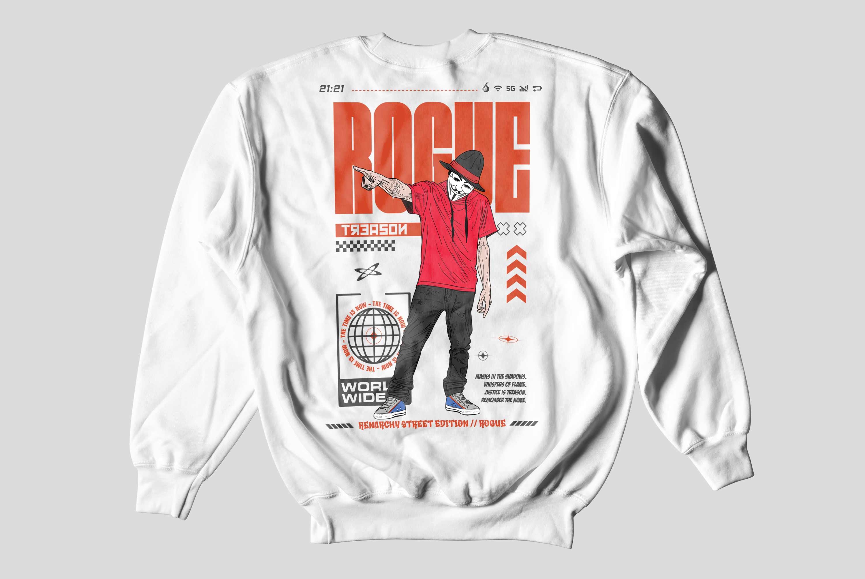 Back of a white sweatshirt with the full-colour Rogue figure in a Guy Fawkes mask beneath large orange lettering