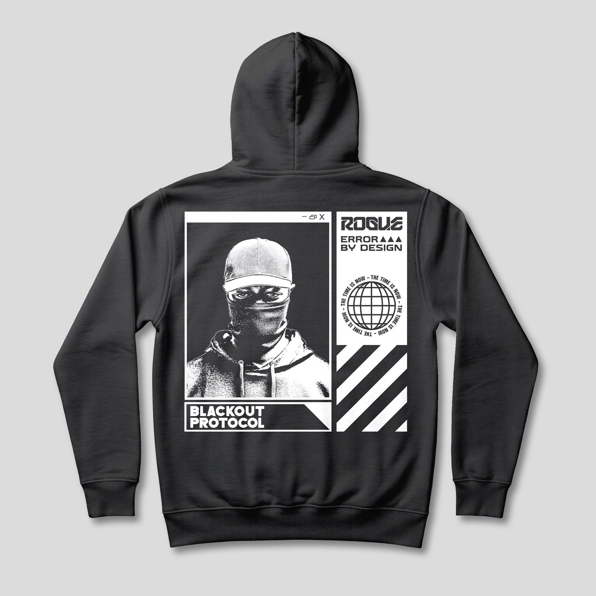 Back of a black hoodie with a large white masked portrait, Rogue typography, globe and Blackout Protocol graphic