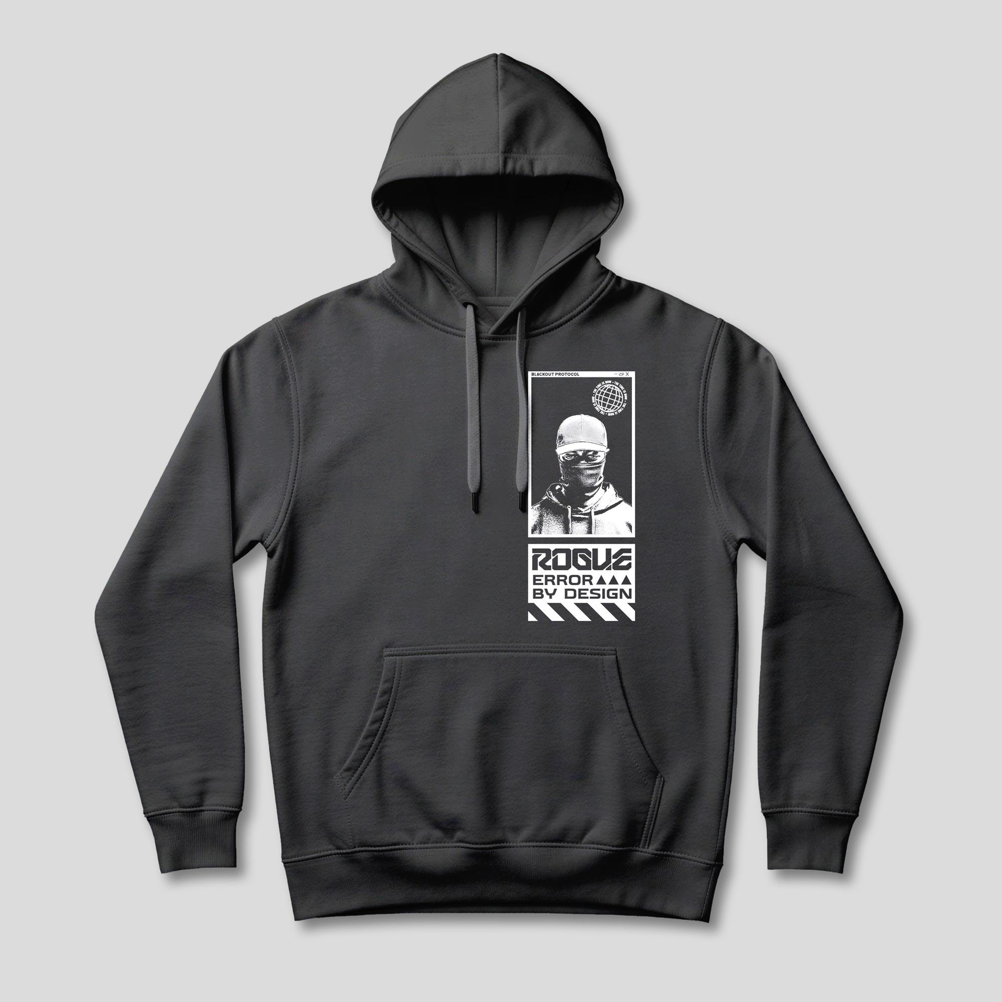 Front of a black hoodie with the white Rogue Protocol portrait and typography printed on the chest, close-up