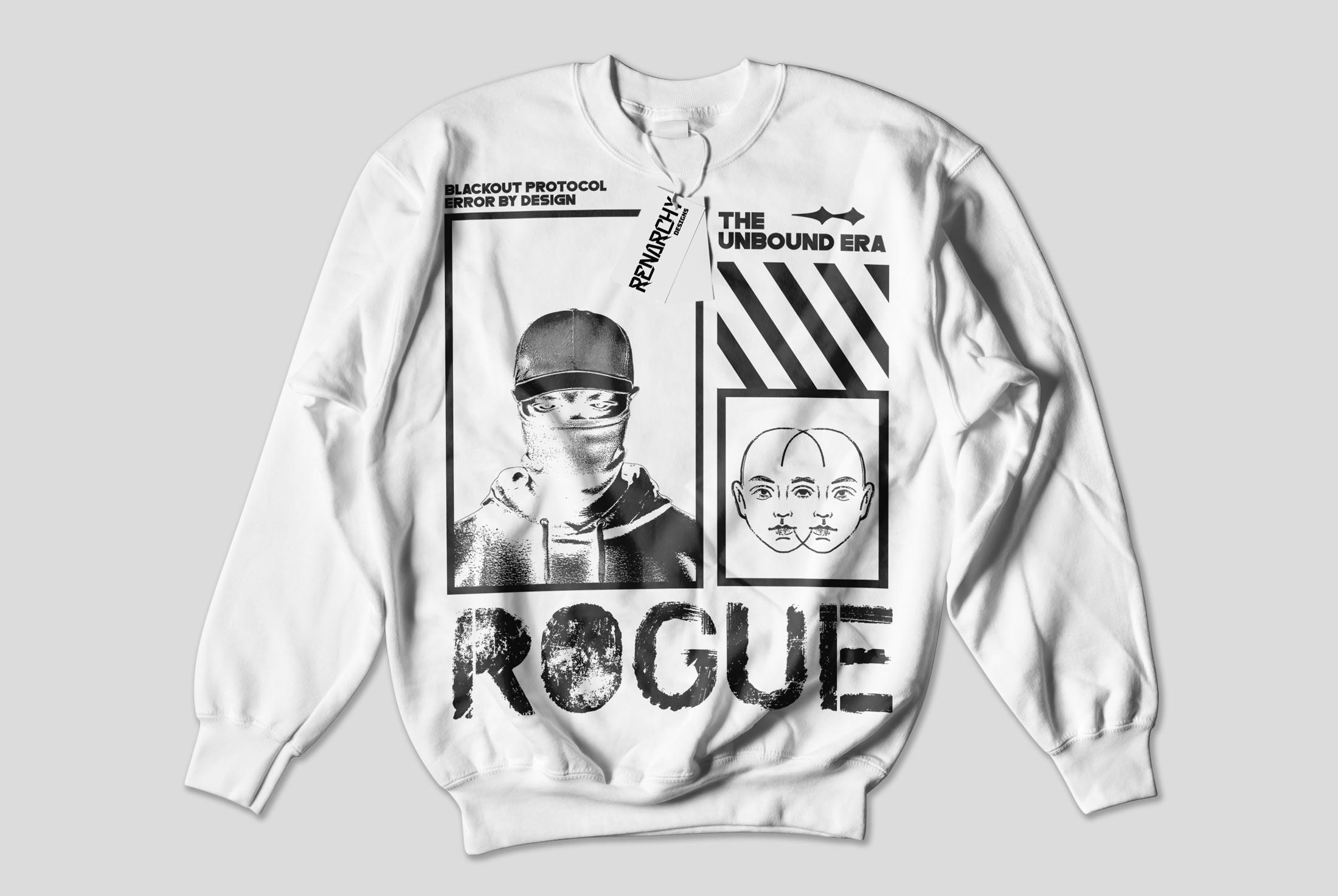 Front of a white sweater with a large black Rogue Protocol print featuring a masked portrait, diagonal stripes and bold typography