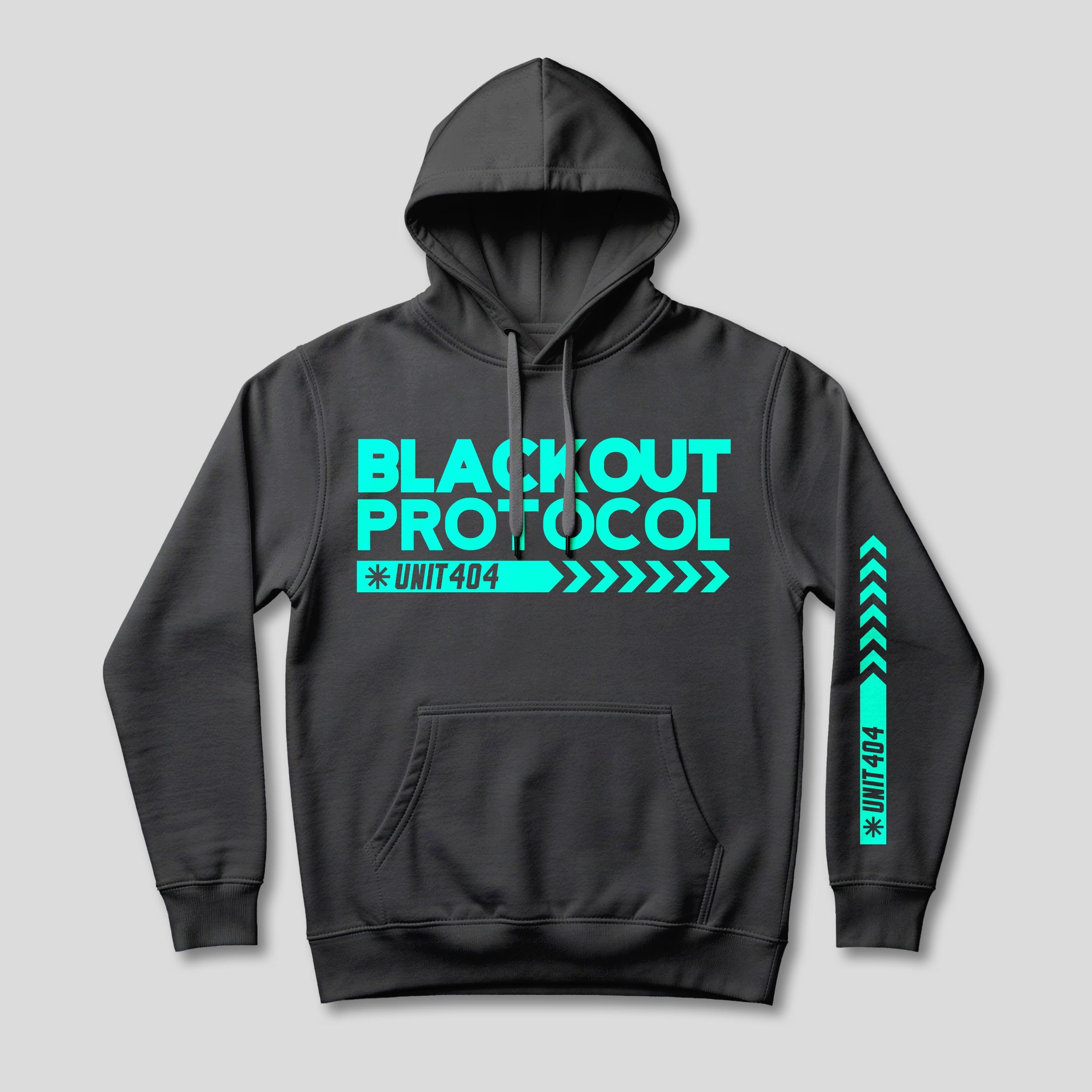 Front of a black hoodie with mint Blackout Protocol lettering across the chest and a UNIT 404 arrow graphic along the sleeve, close-up