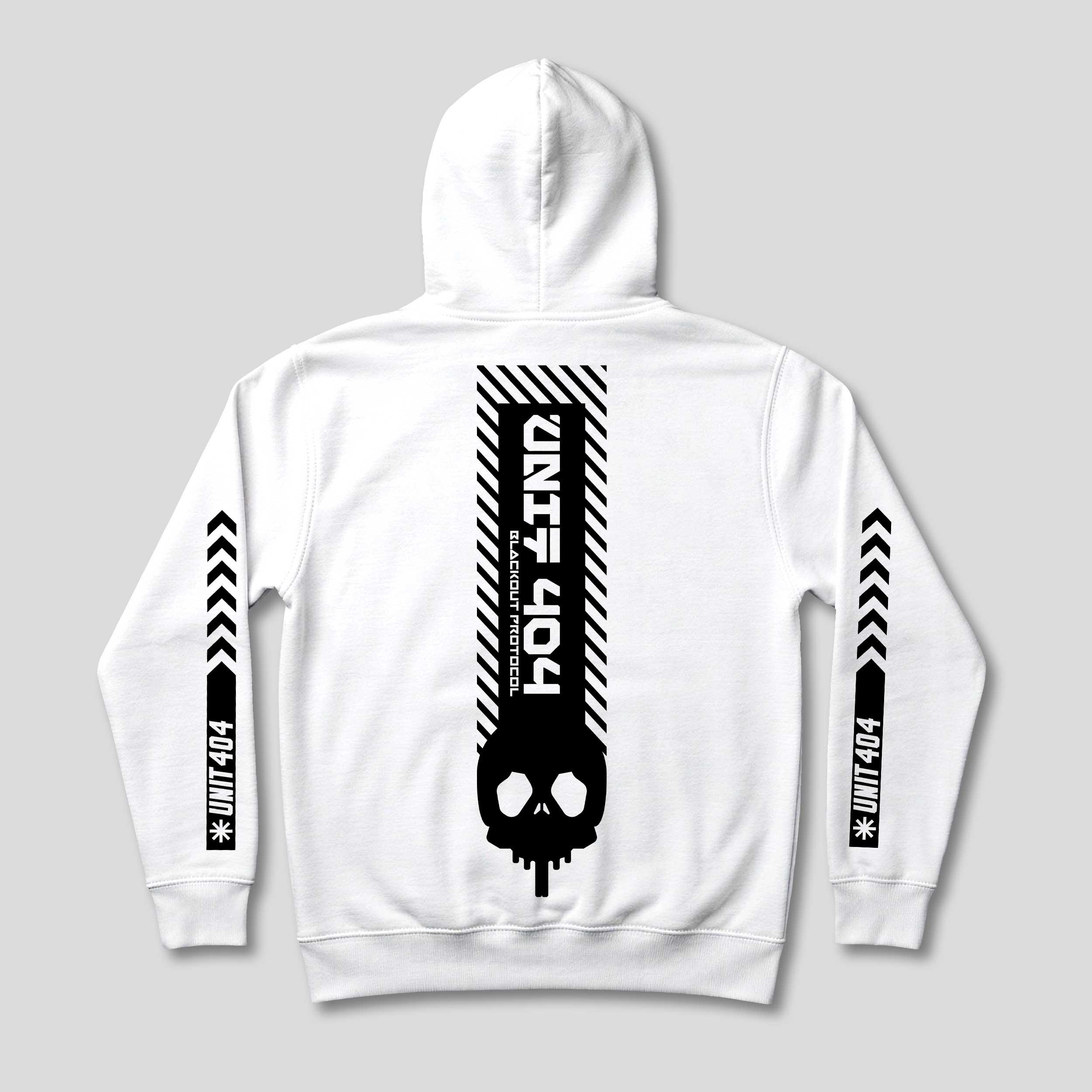 Back of a white hoodie with a black vertical skull graphic, UNIT 404 lettering and Blackout Protocol text