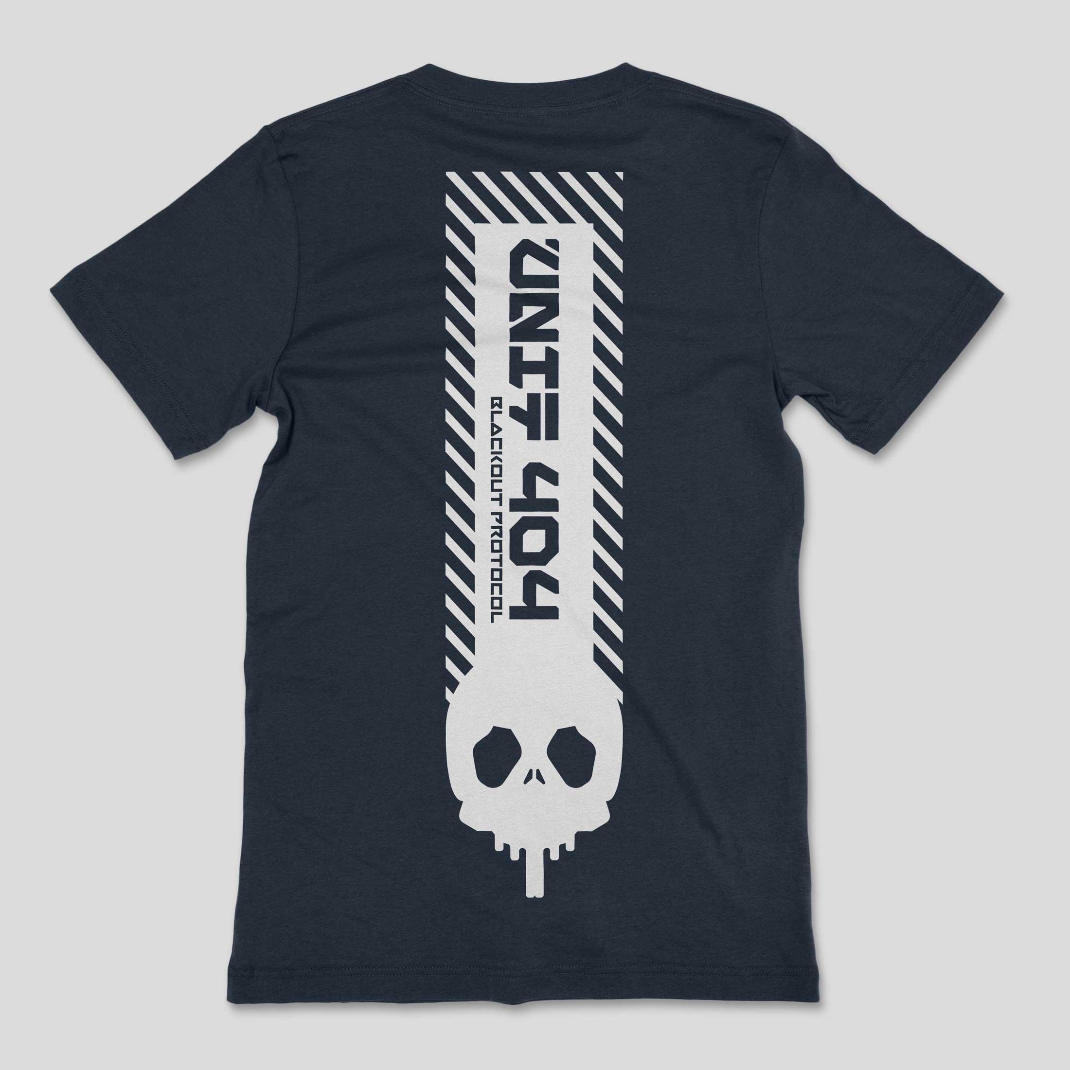 Back of a dark blue T-shirt with a white vertical skull graphic, UNIT 404 lettering and Blackout Protocol text