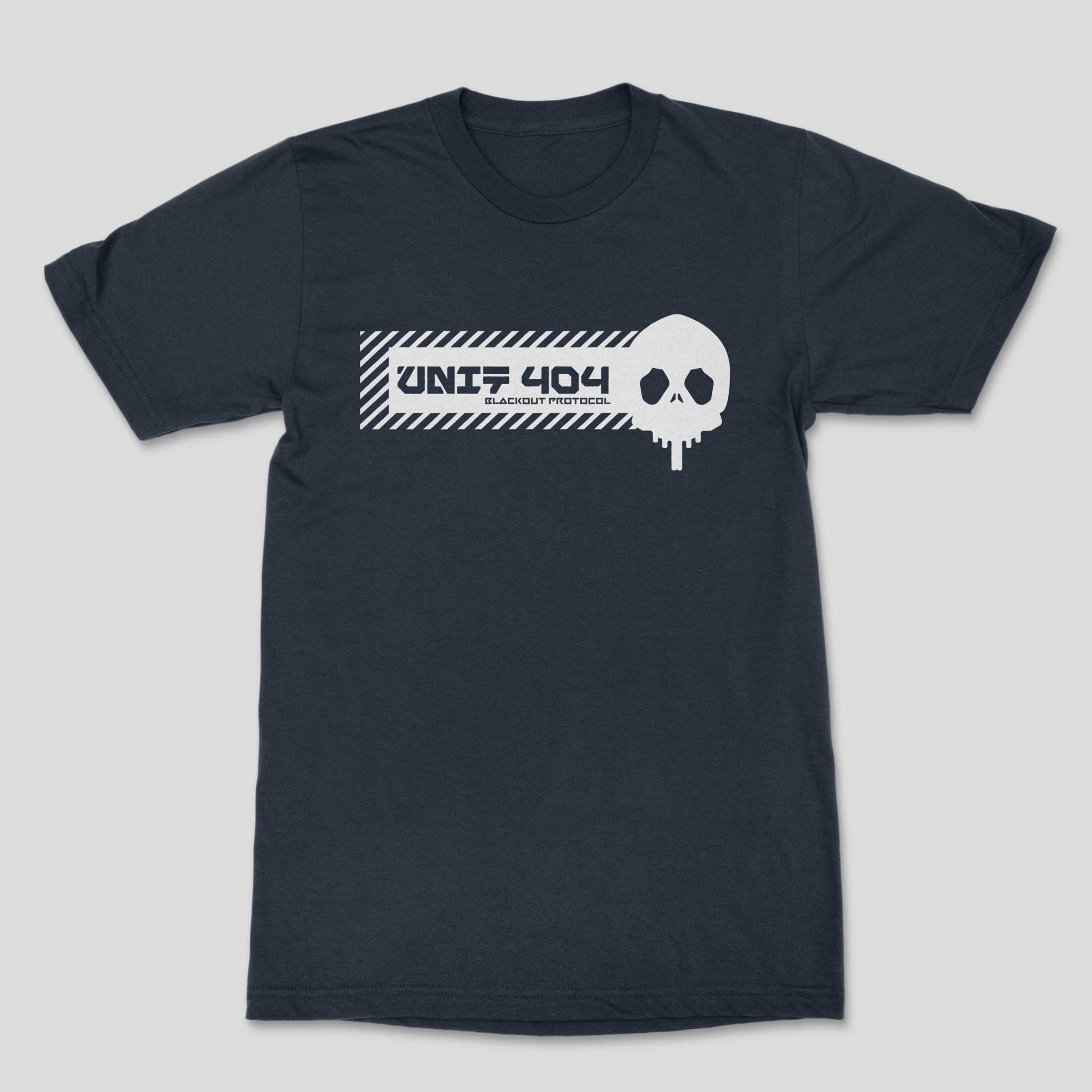 Front of a dark blue T-shirt with a white horizontal skull graphic, UNIT 404 lettering and Blackout Protocol text
