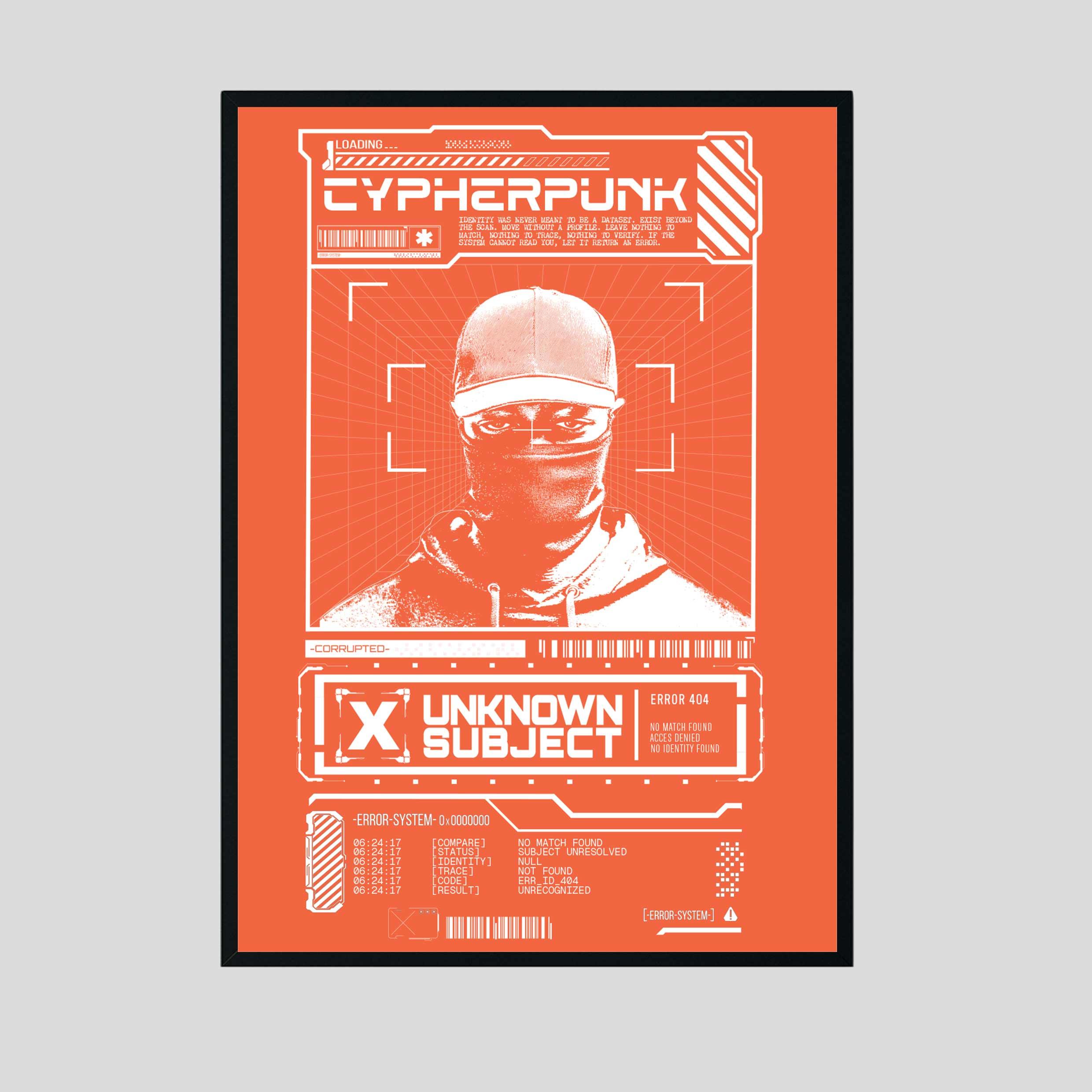 Framed orange poster with white Unknown Subject artwork, a masked portrait, Cypherpunk lettering and technical labels