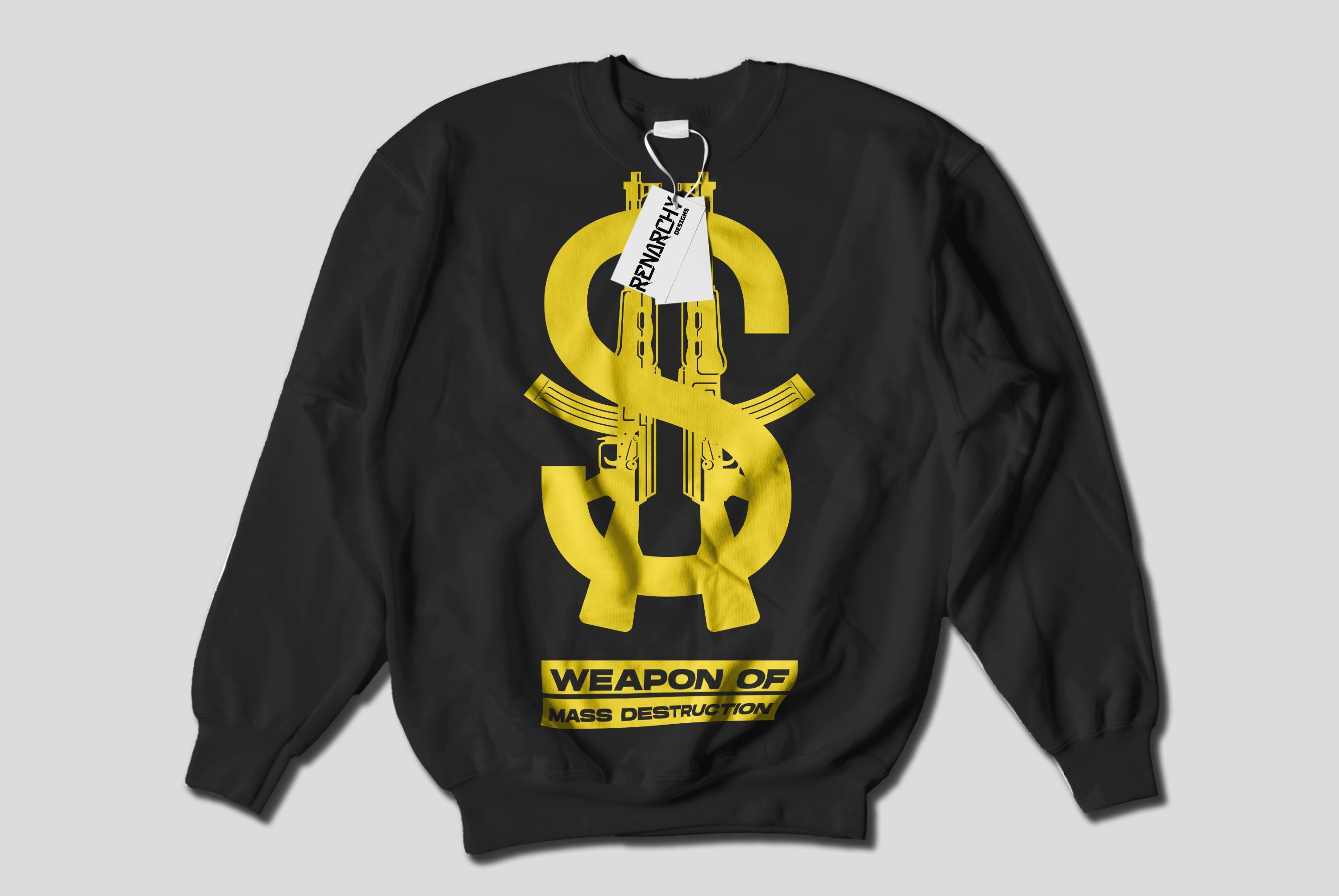 Black sweater with a yellow dollar sign formed from two AK-47s and Weapon of Mass Destruction lettering