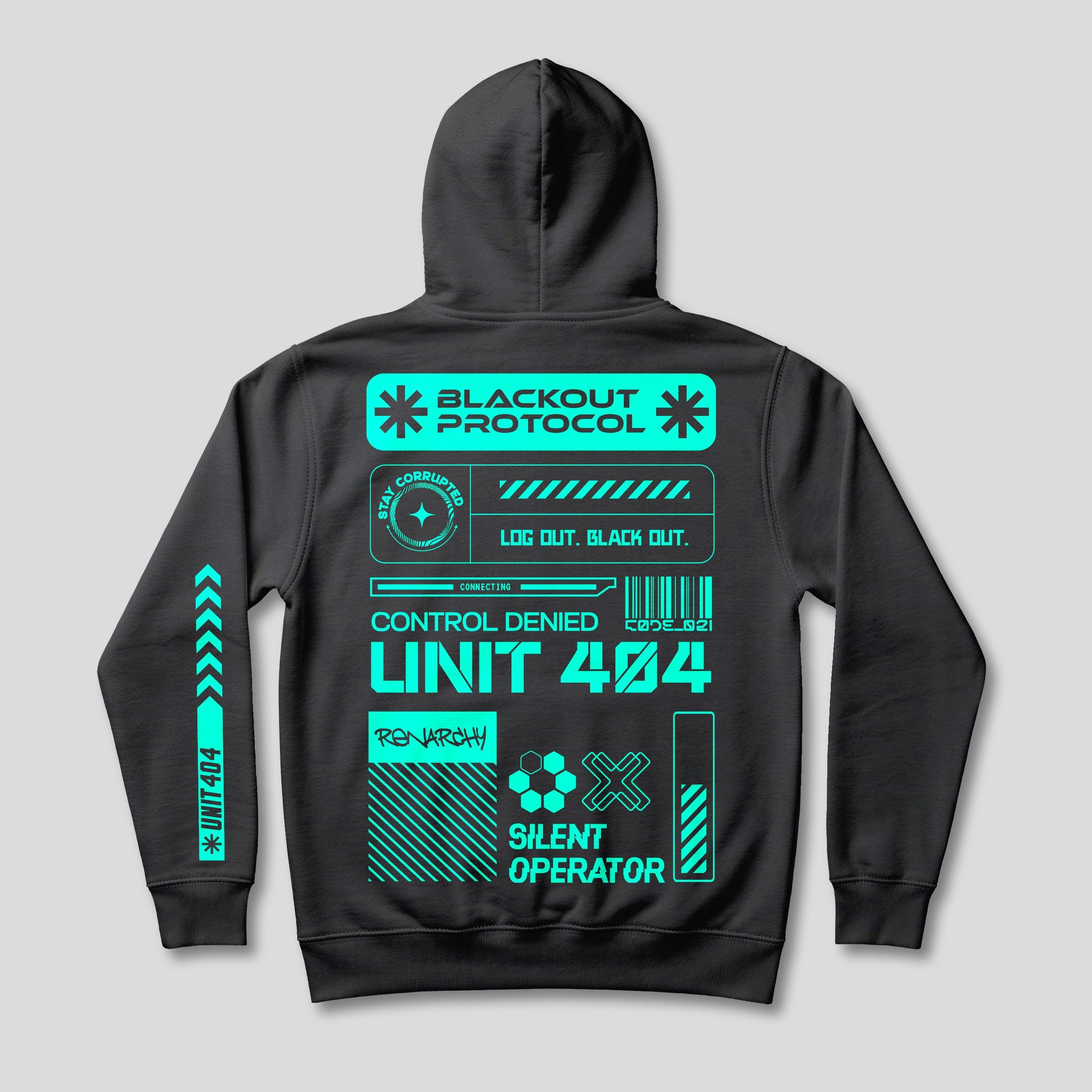 Back of a black hoodie with mint Silent Operator artwork combining Blackout Protocol labels, a barcode, fractured UNIT 404 lettering and a sleeve graphic